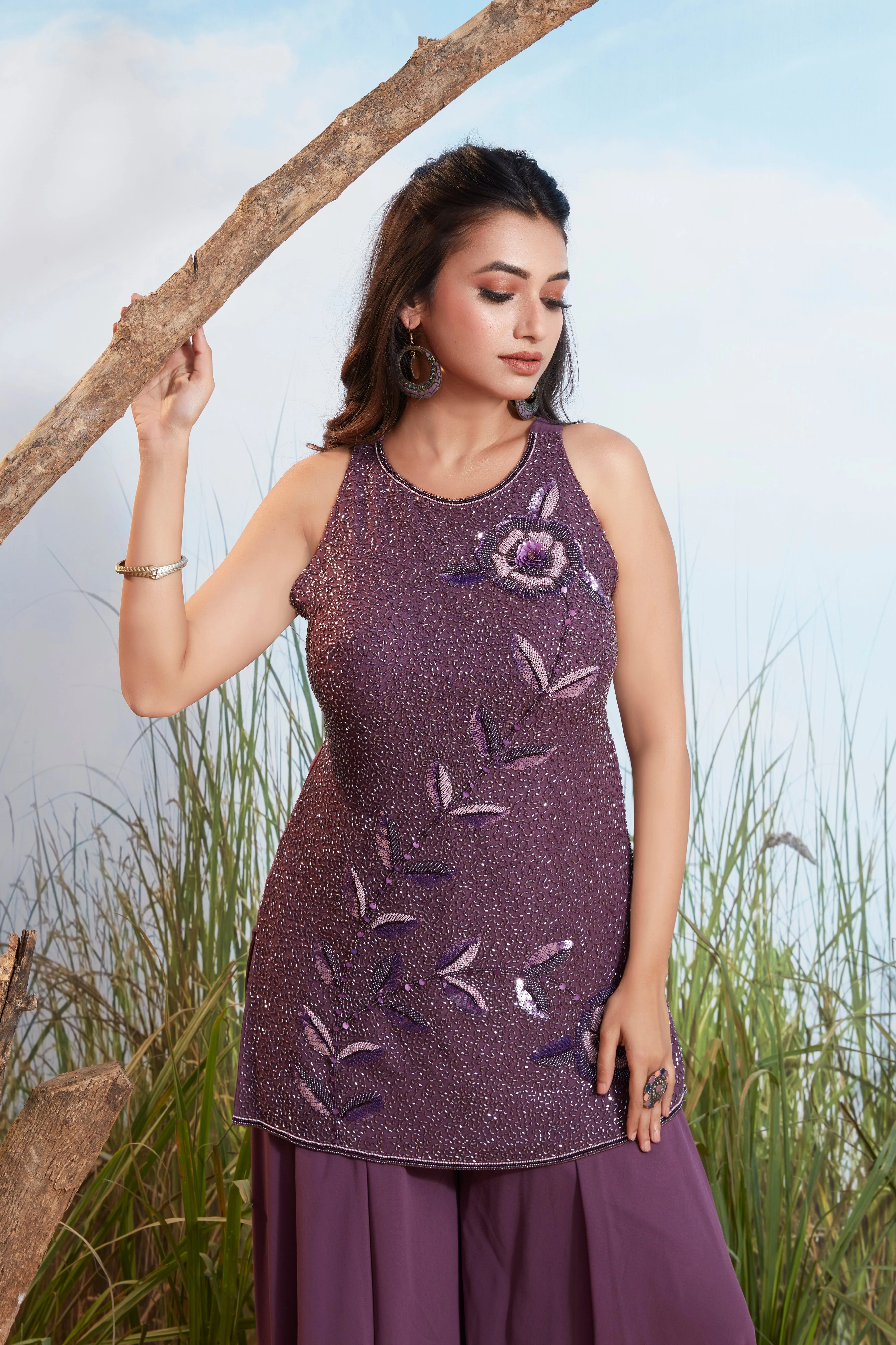 Dusty Purple Embellished Georgette Silk Palazzo Set - Image 2