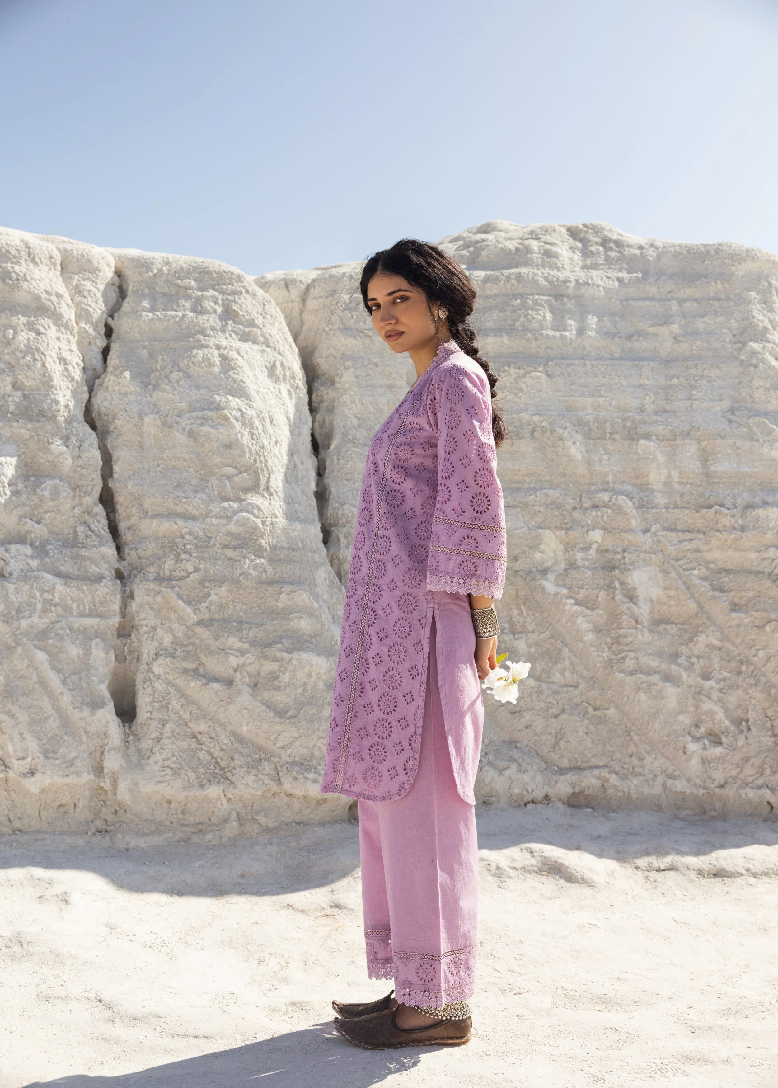 Dusty Purple Embroidered Organic Cotton Kurta Set - Image 4