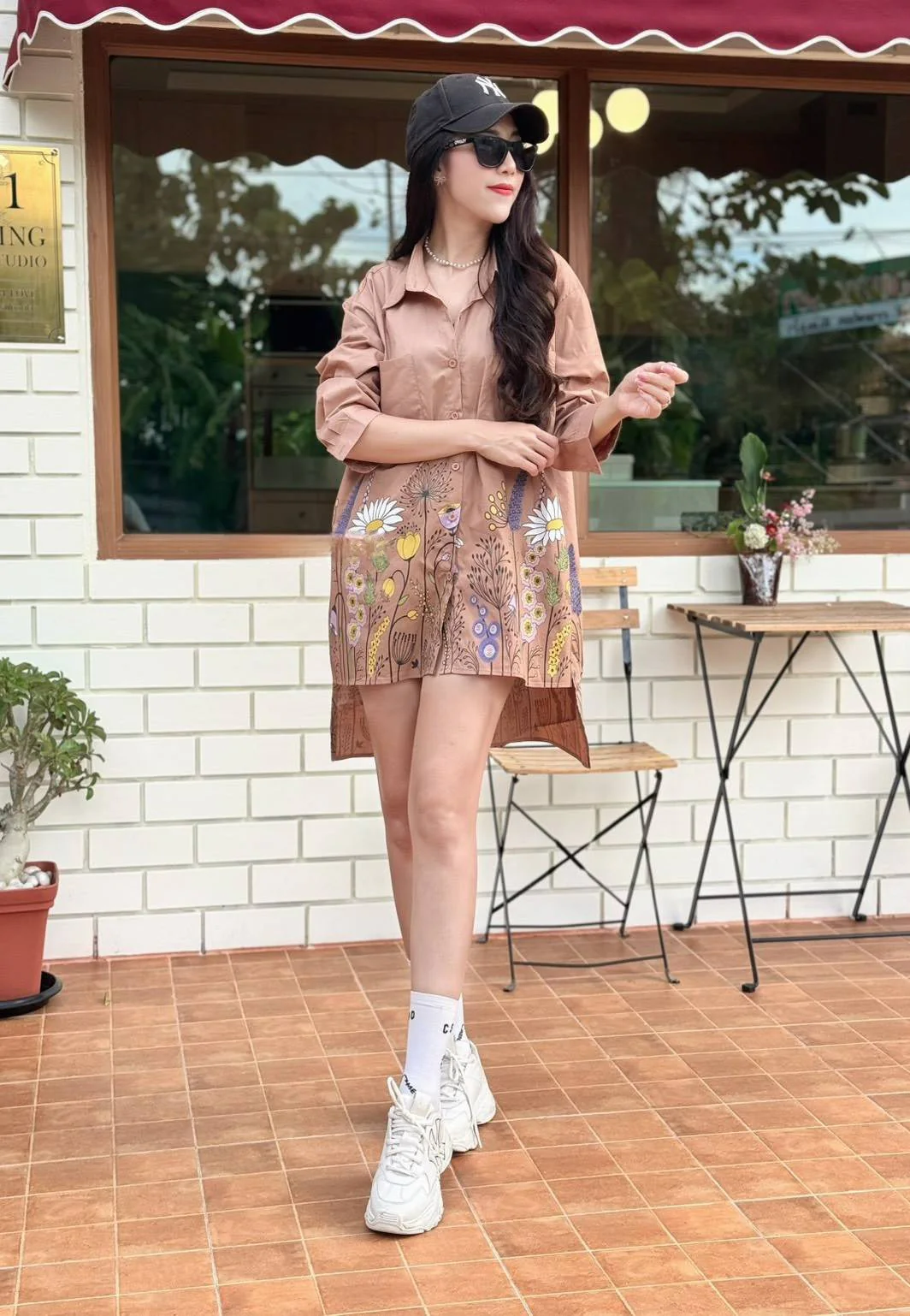Camel Tan Wildflower Meadow Cotton Shirt Dress
