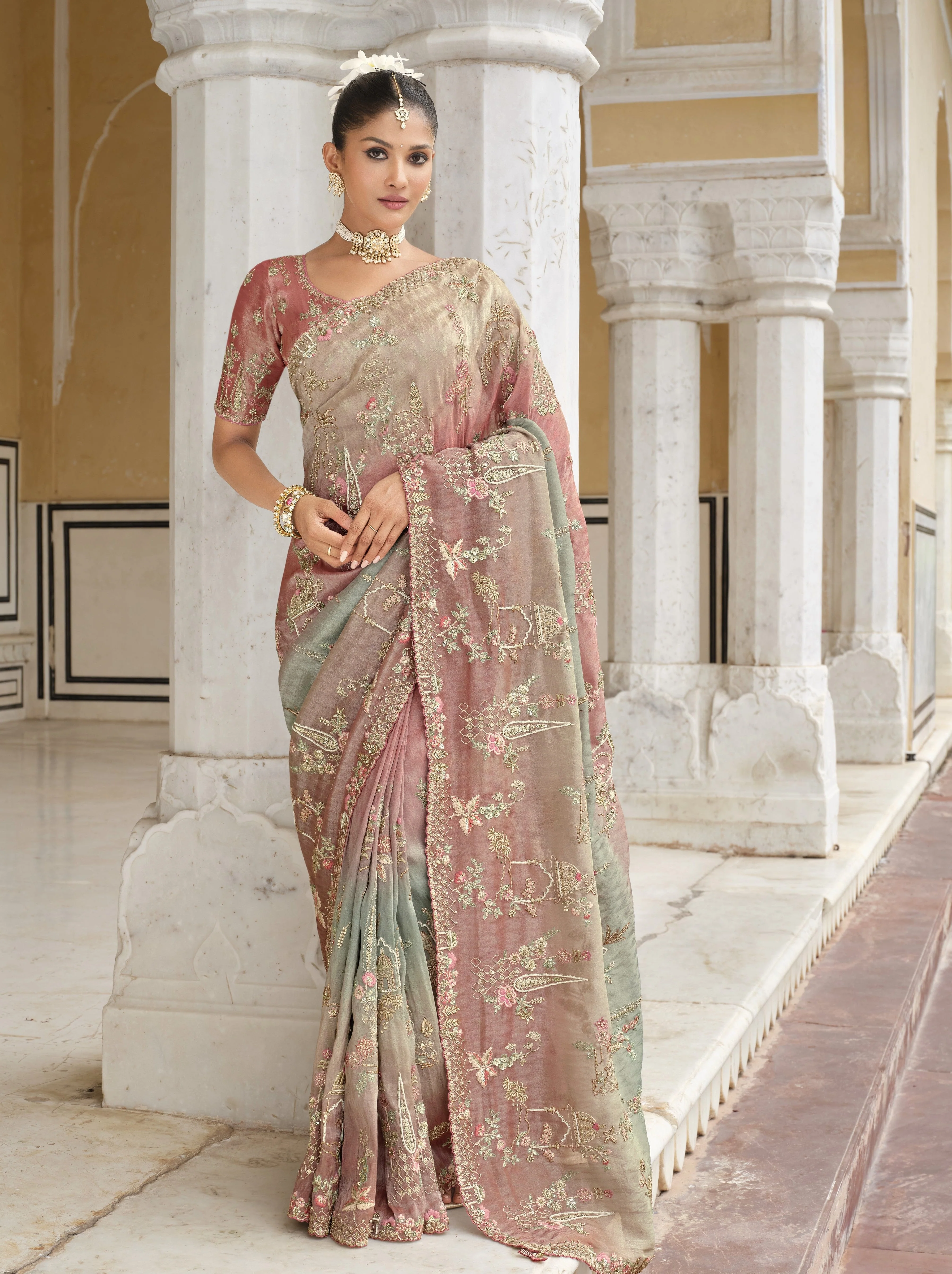 Dusty Rose Embellished Shimmer Tissue Silk Saree