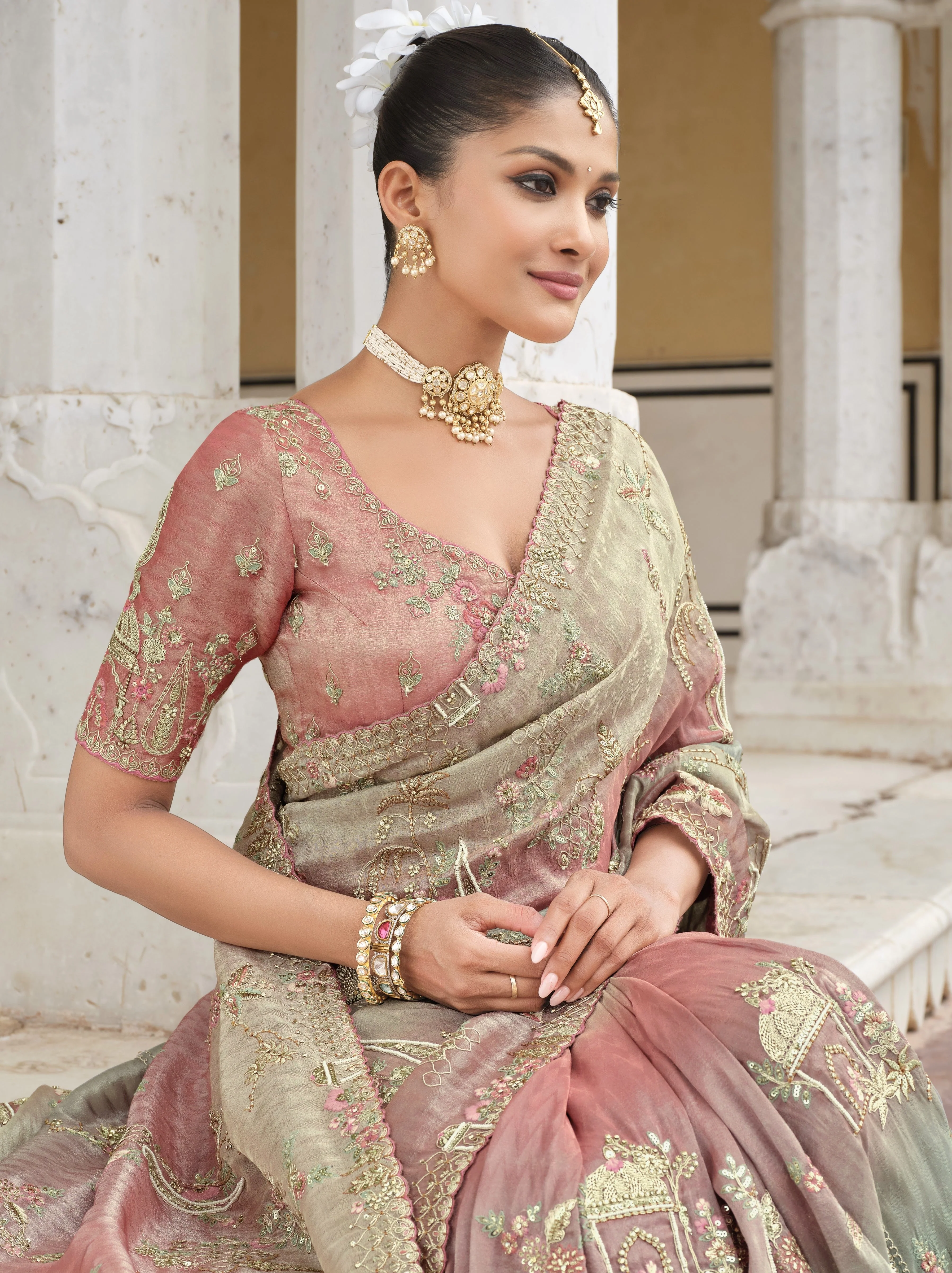 Dusty Rose Embellished Shimmer Tissue Silk Saree - Image 2