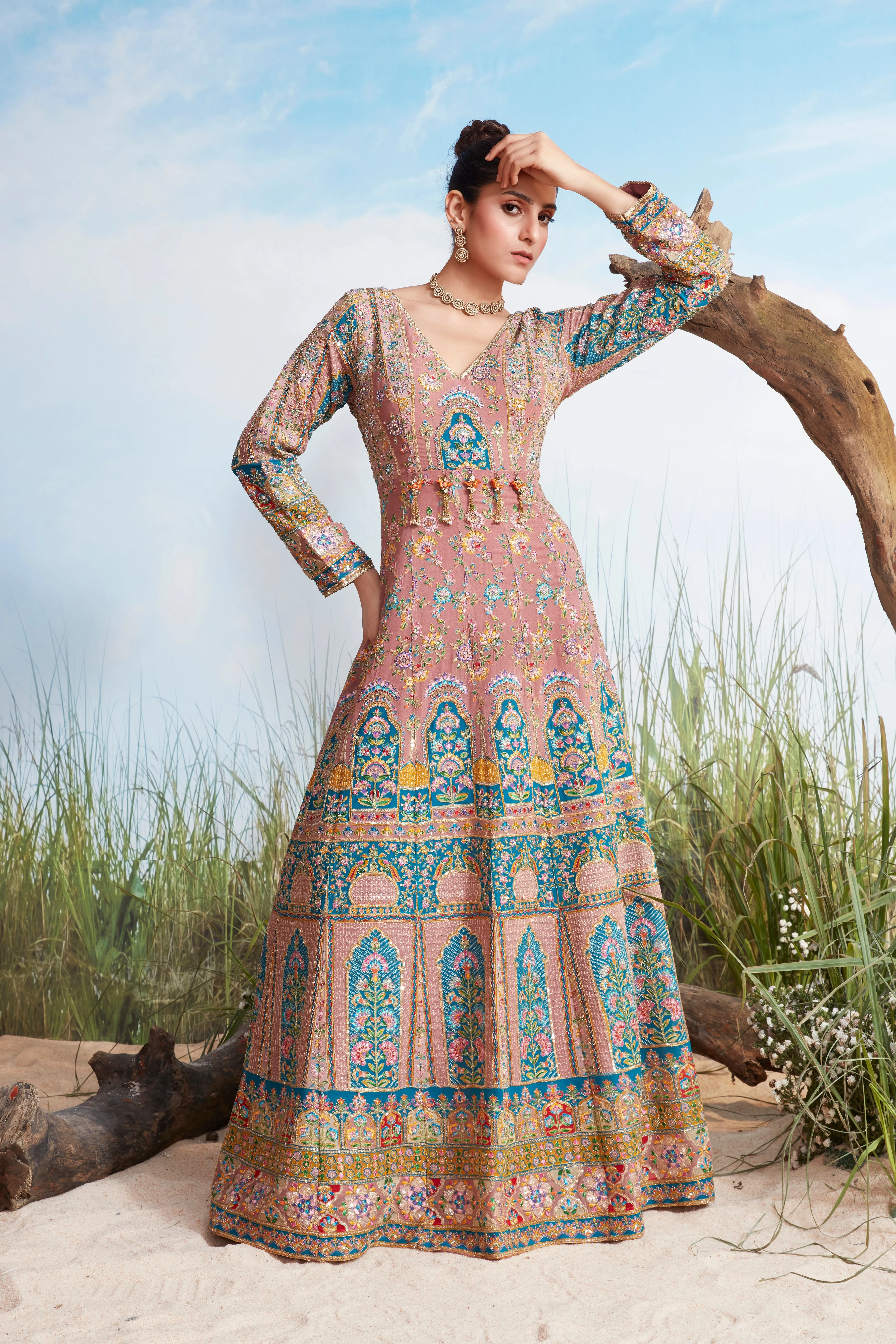 Dusty Rose Embellished Chinon Silk Anarkali Gown