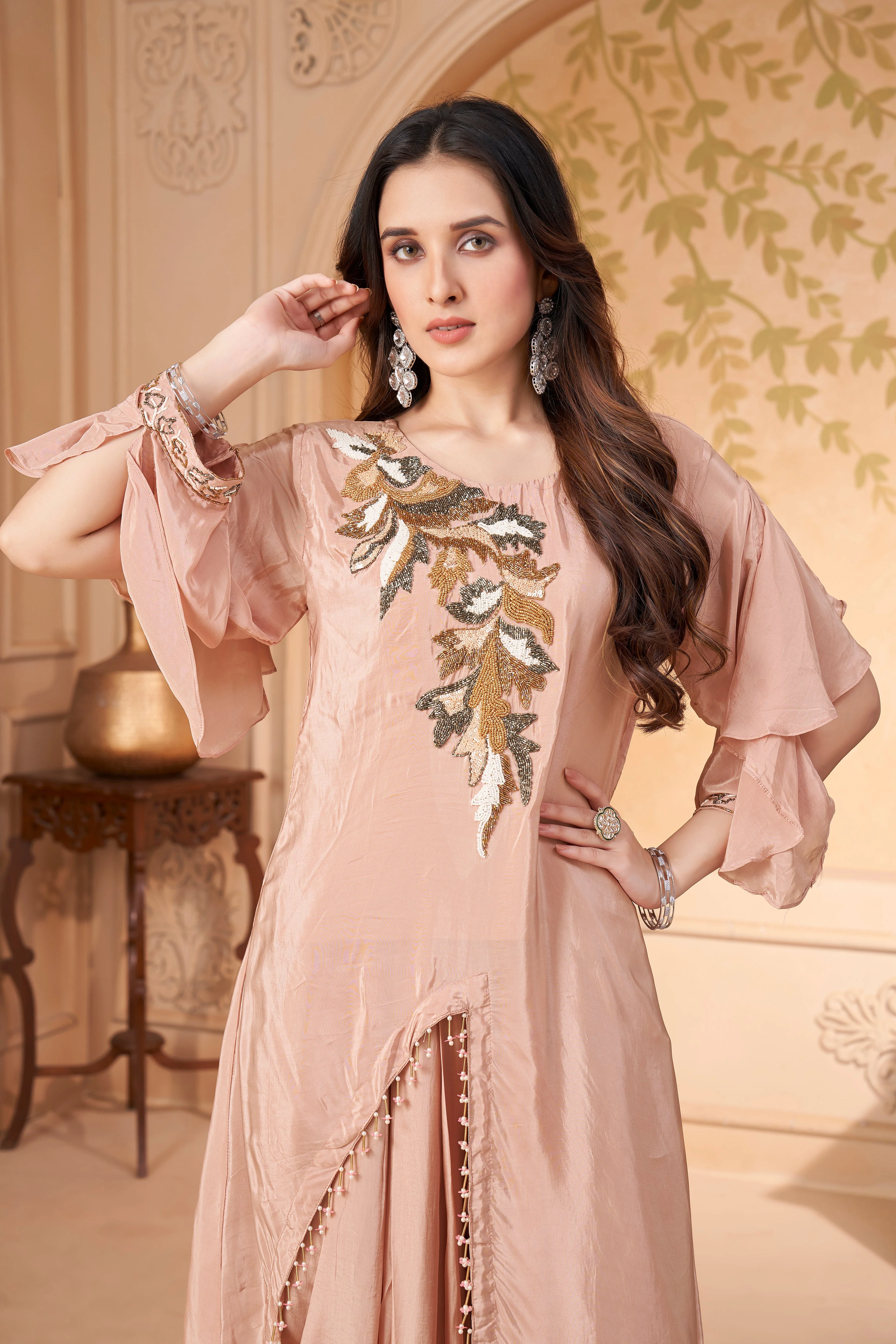Nude Pink Embellished Crepe Silk Dhoti Set - Image 2