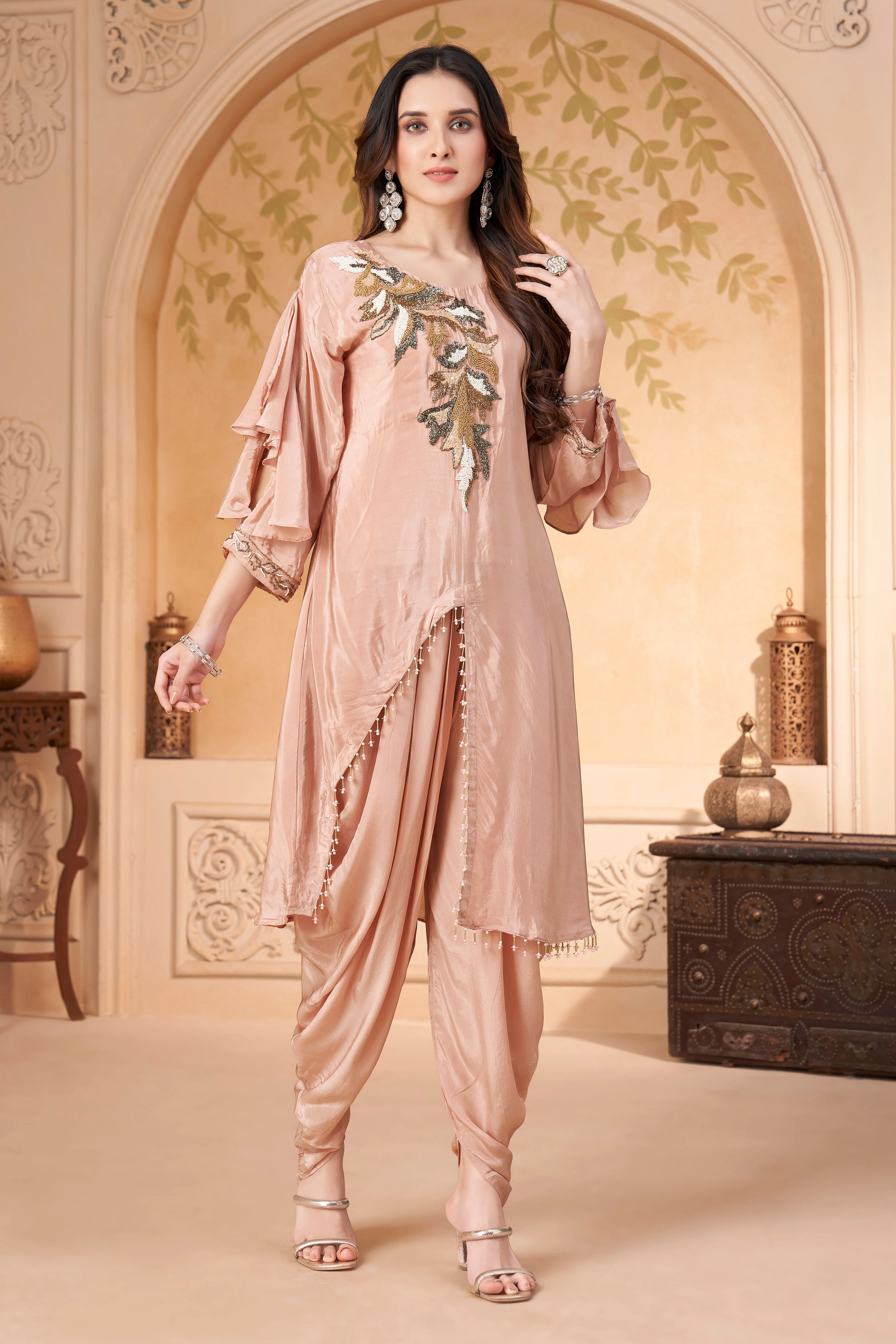 Nude Pink Embellished Crepe Silk Dhoti Set - Image 3