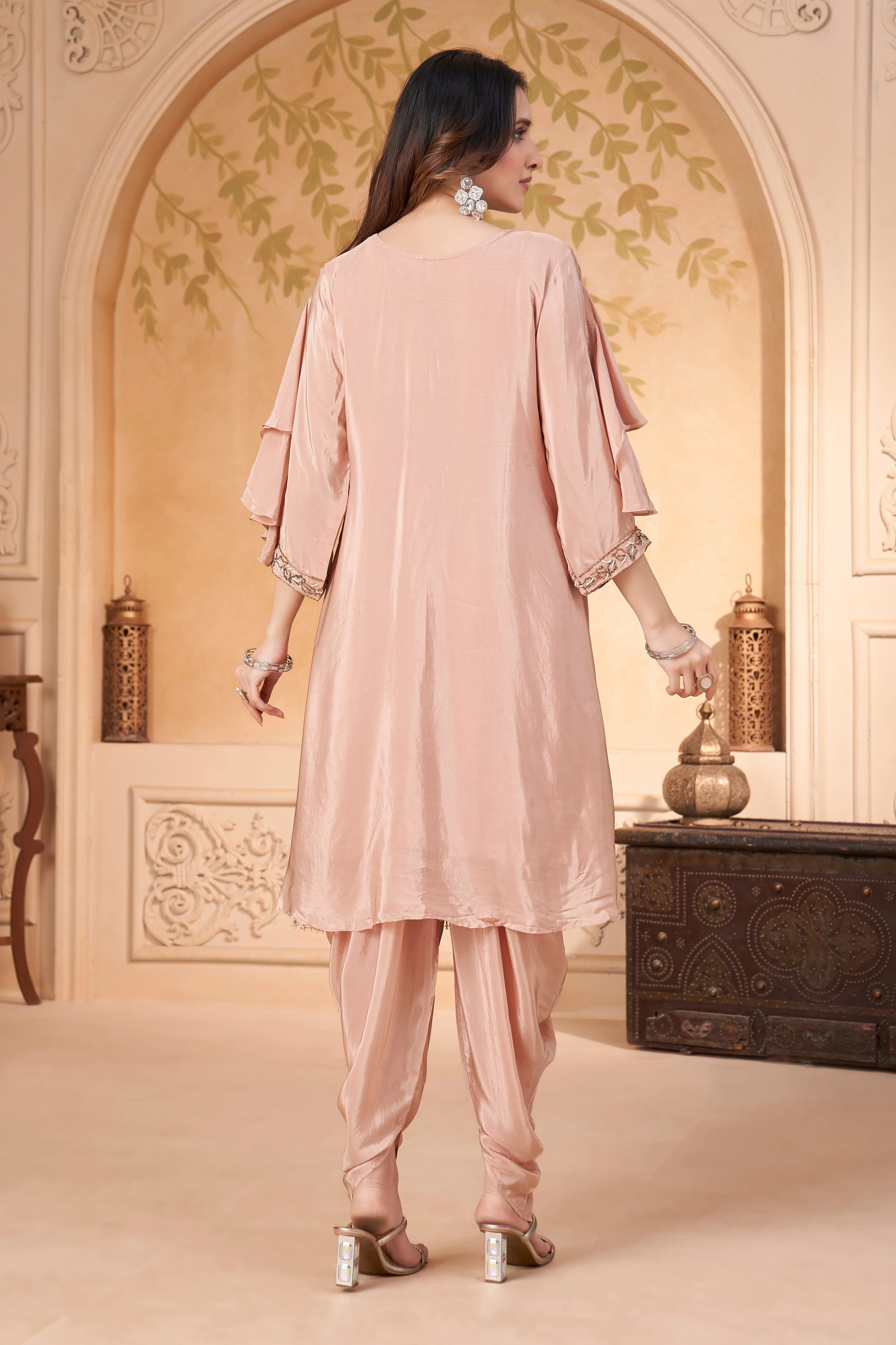 Nude Pink Embellished Crepe Silk Dhoti Set - Image 4