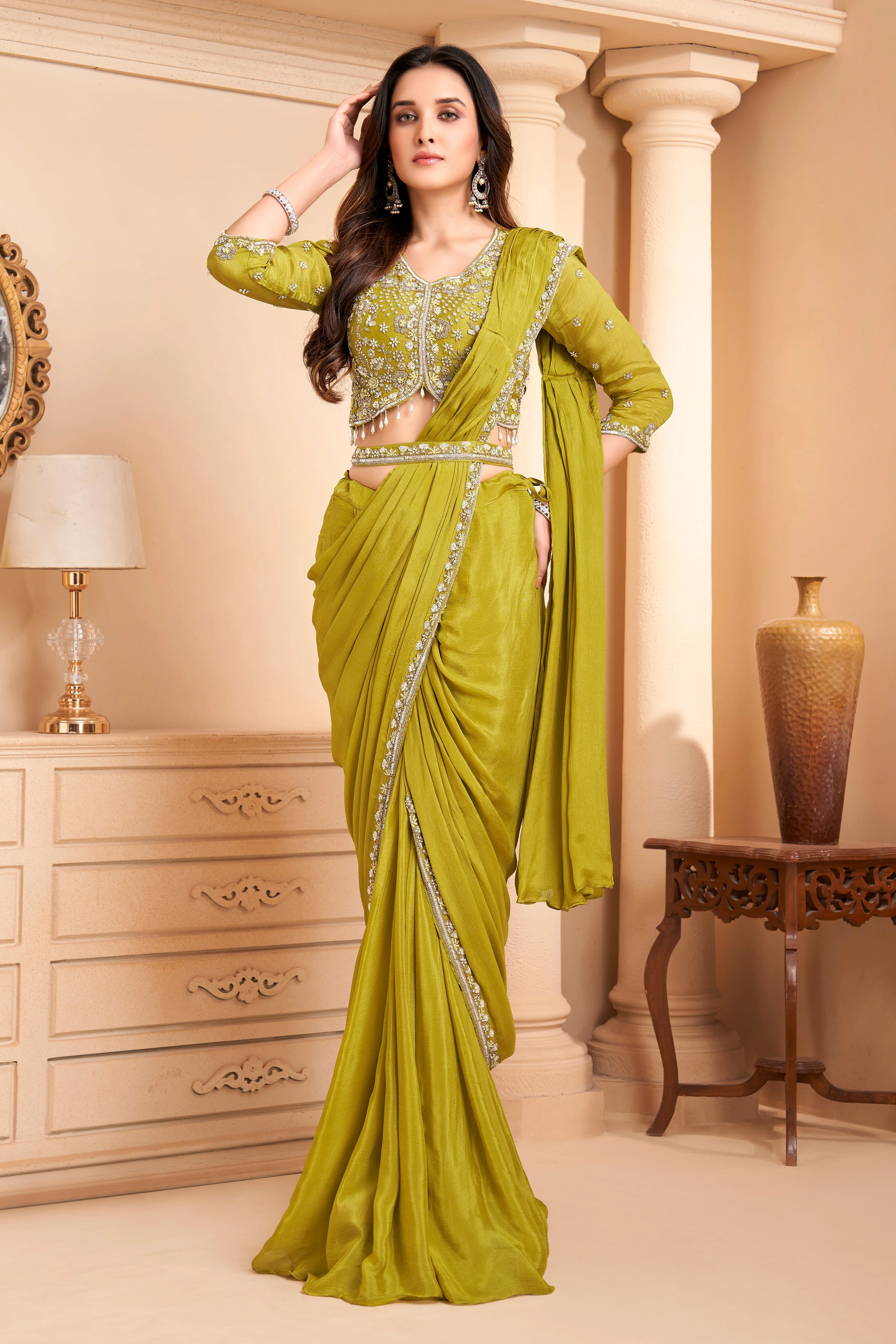 Mustard Green Embellished Crepe Silk Drape Saree