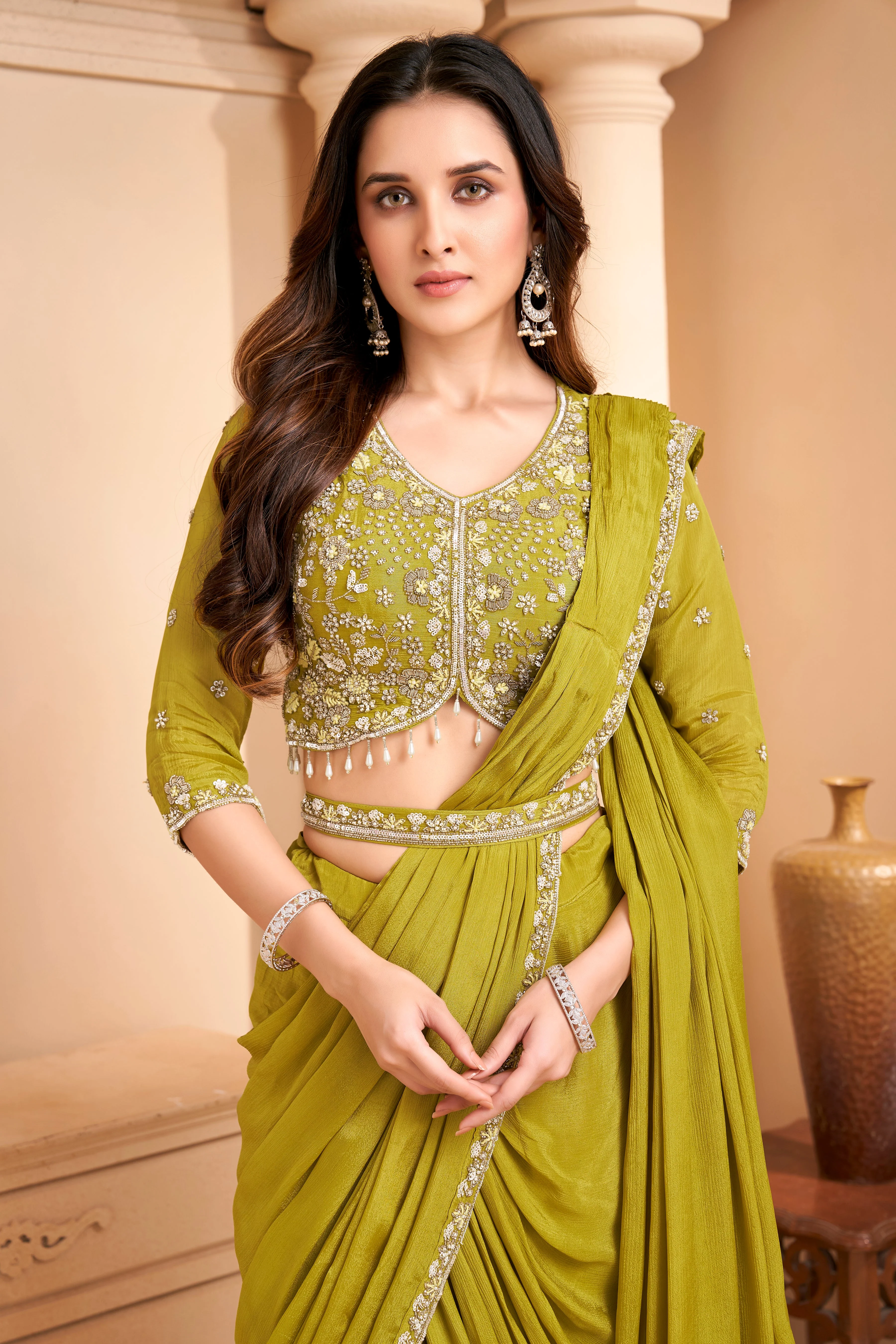 Mustard Green Embellished Crepe Silk Drape Saree - Image 2