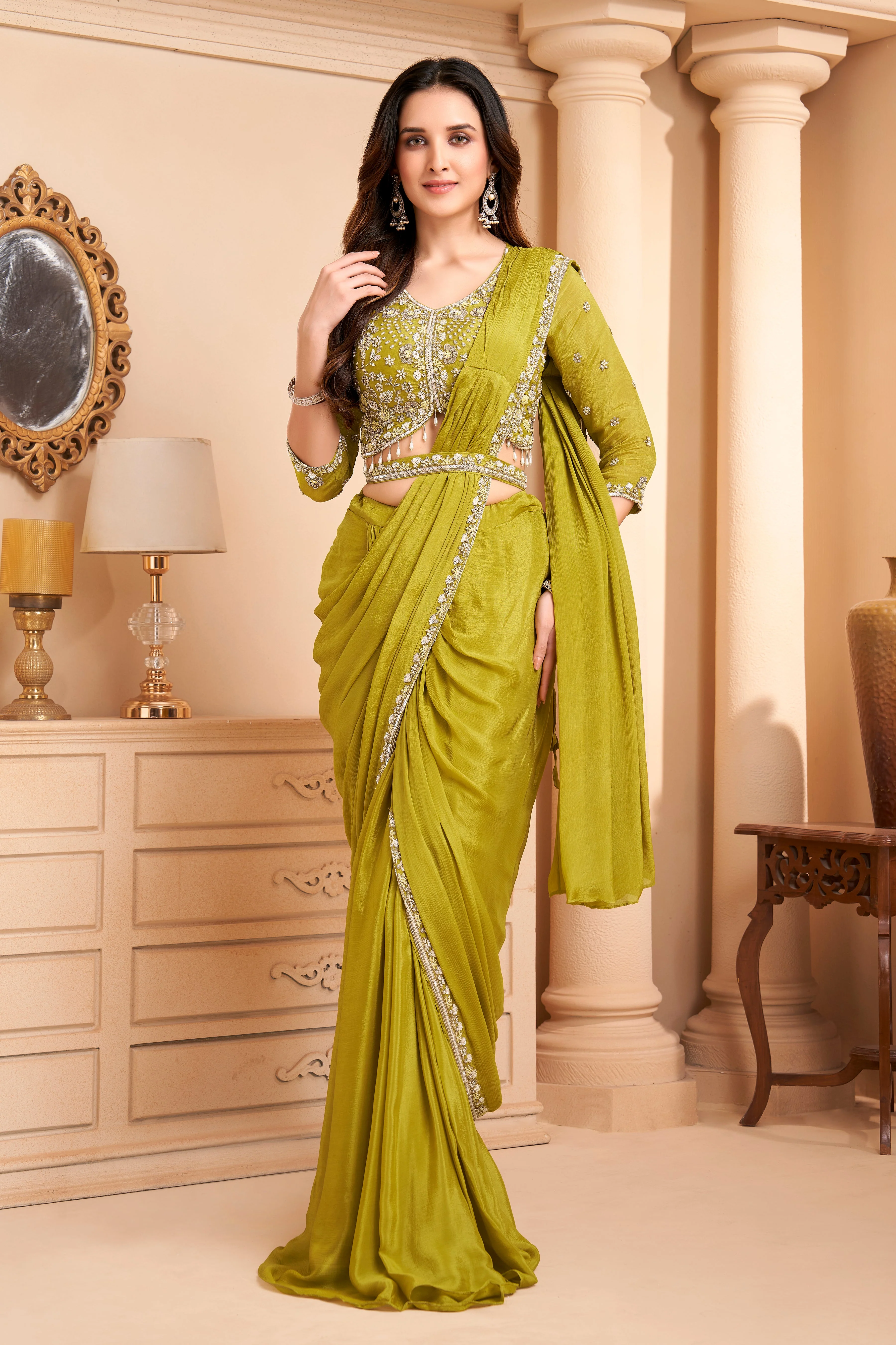 Mustard Green Embellished Crepe Silk Drape Saree - Image 3