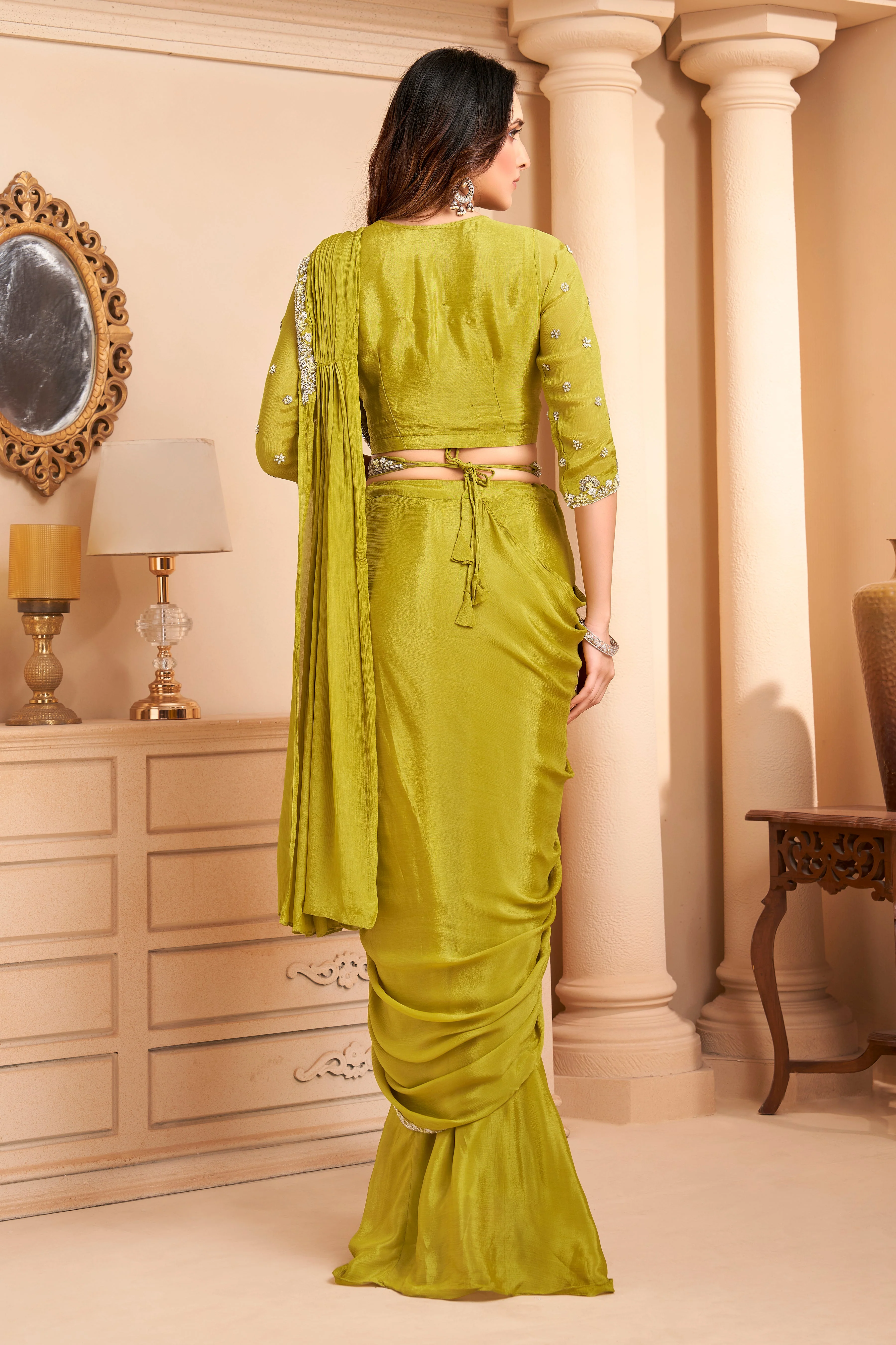 Mustard Green Embellished Crepe Silk Drape Saree - Image 4