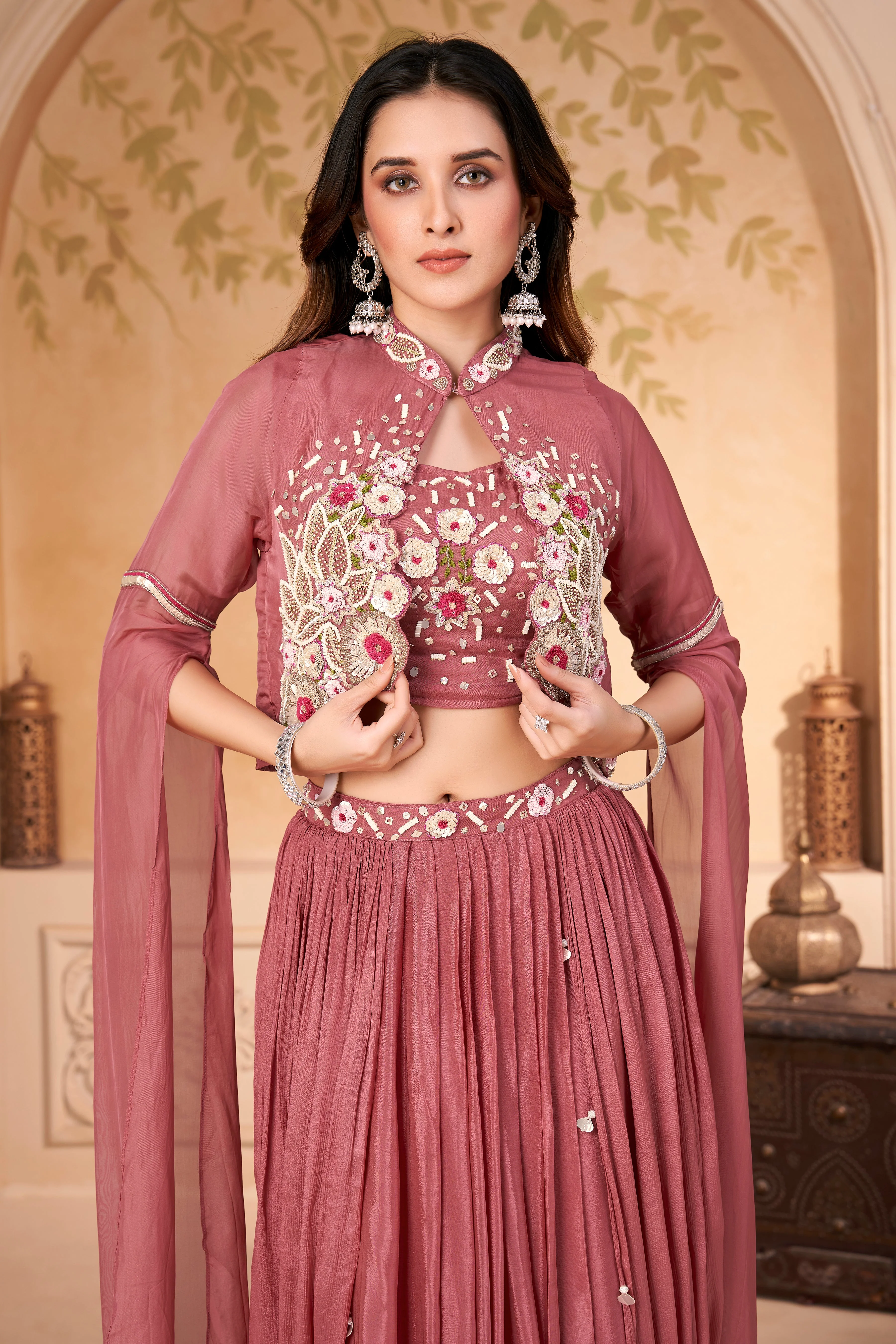 Dusty Rose Embellished Crepe Silk Skirt Set - Image 2