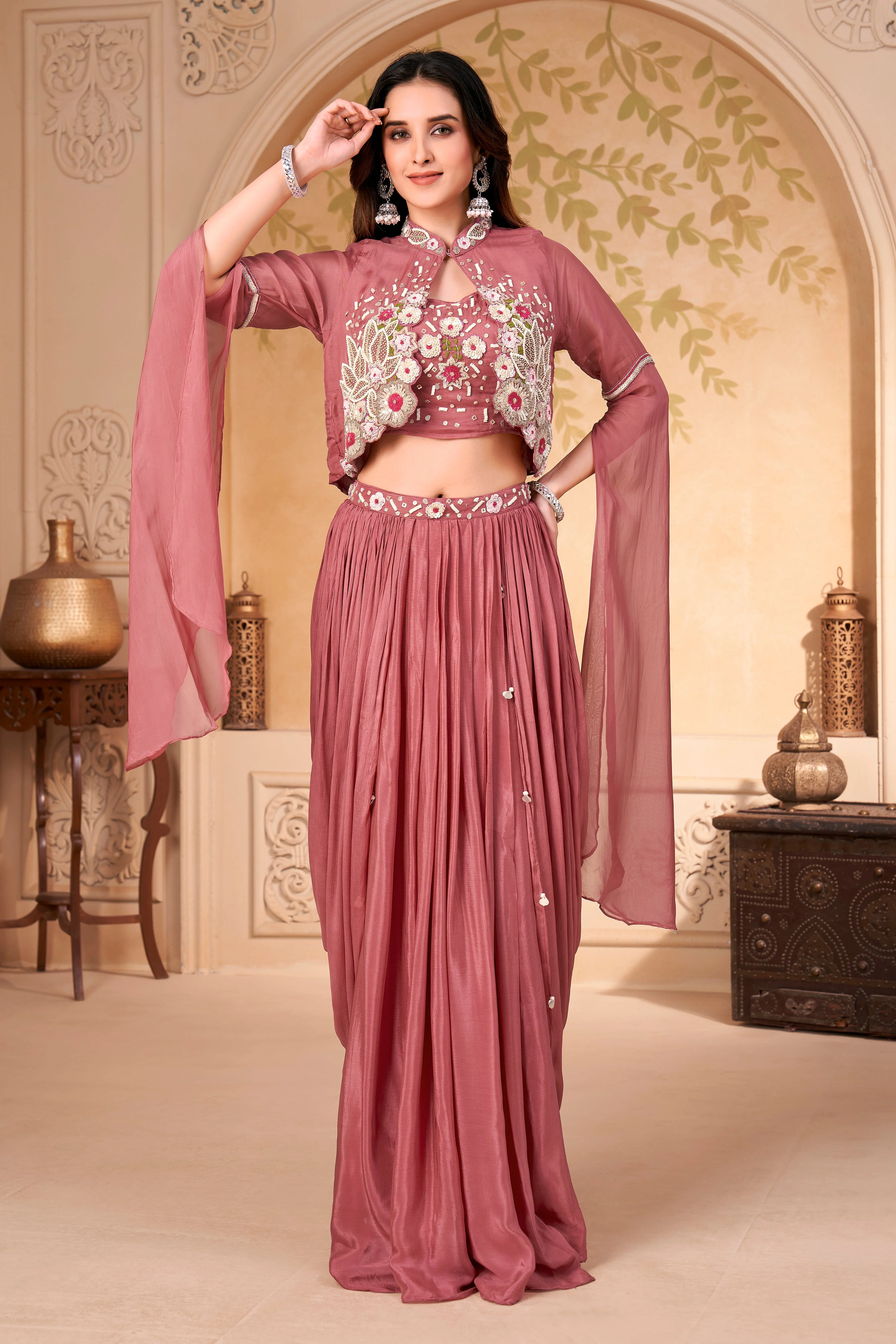 Dusty Rose Embellished Crepe Silk Skirt Set - Image 3