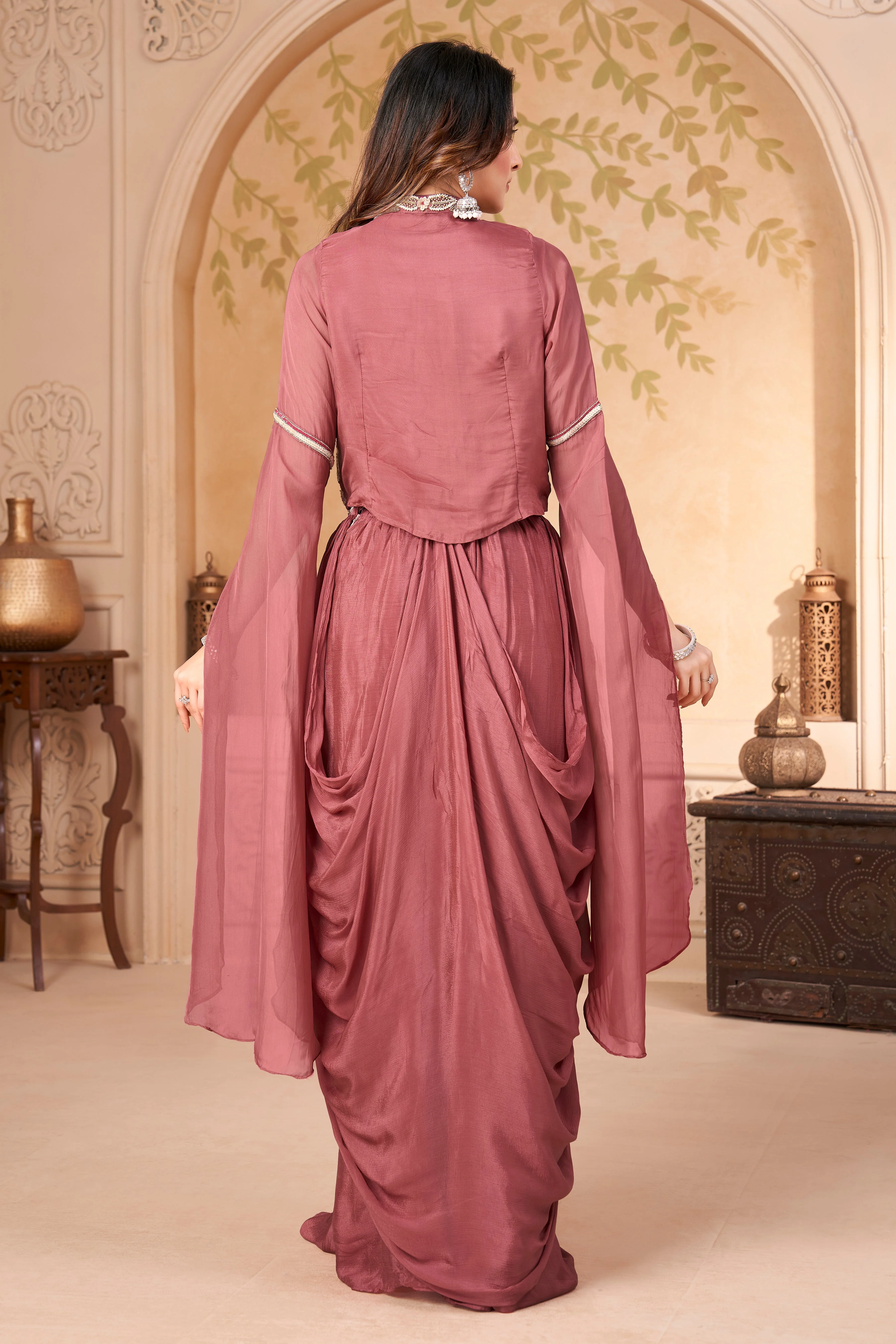 Dusty Rose Embellished Crepe Silk Skirt Set - Image 4