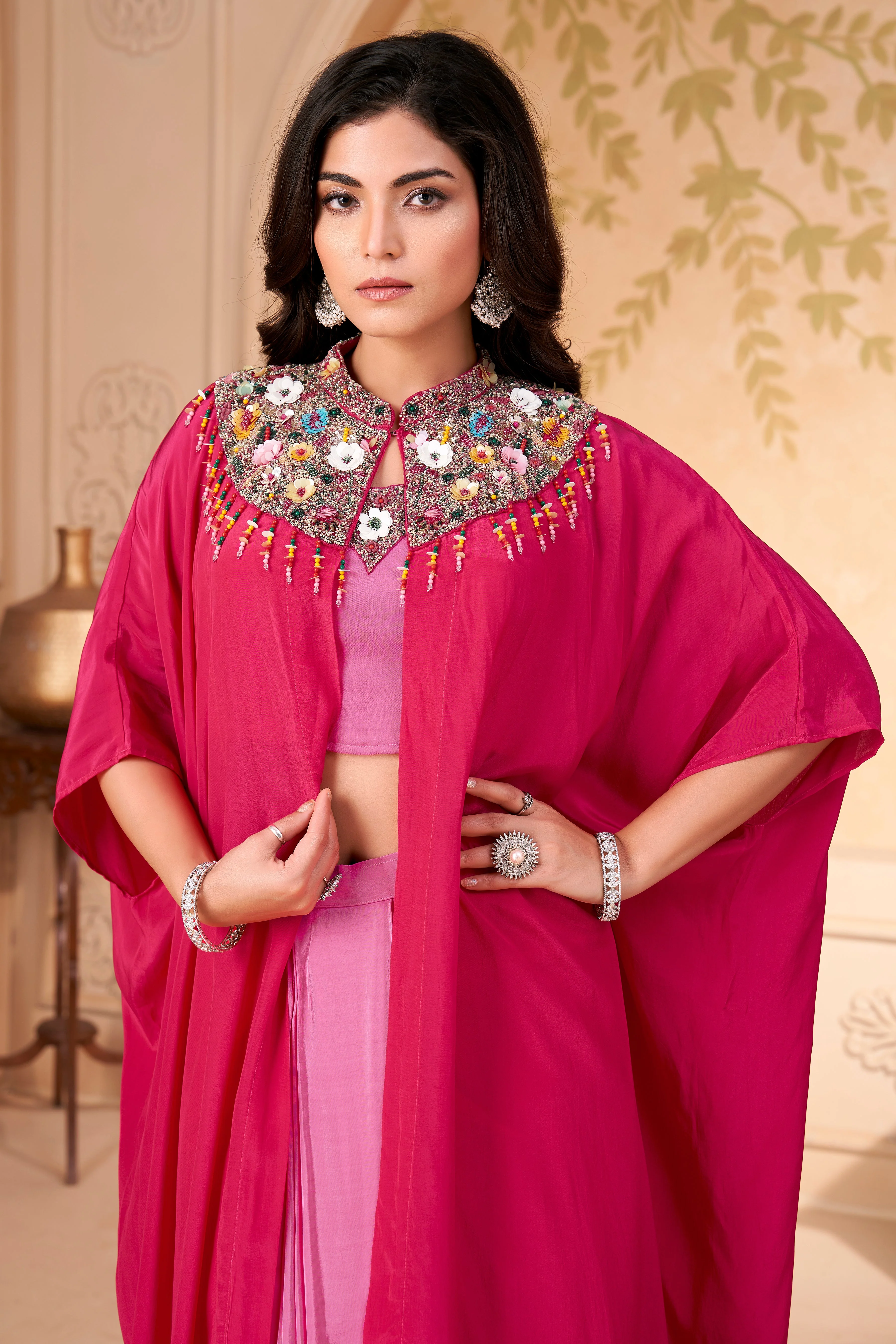 Hot Pink Embellished Crepe Silk Skirt Set - Image 2