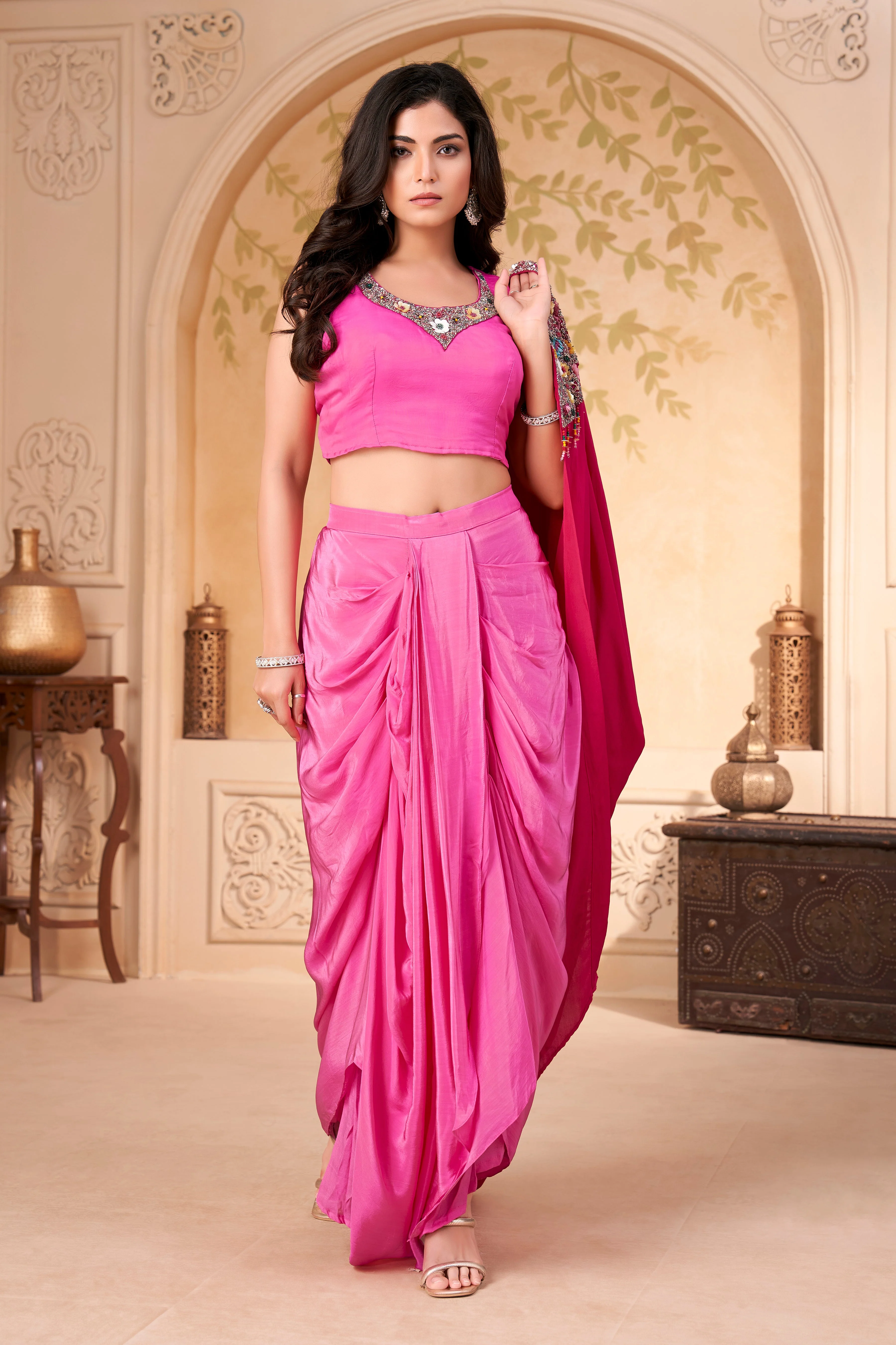 Hot Pink Embellished Crepe Silk Skirt Set - Image 3