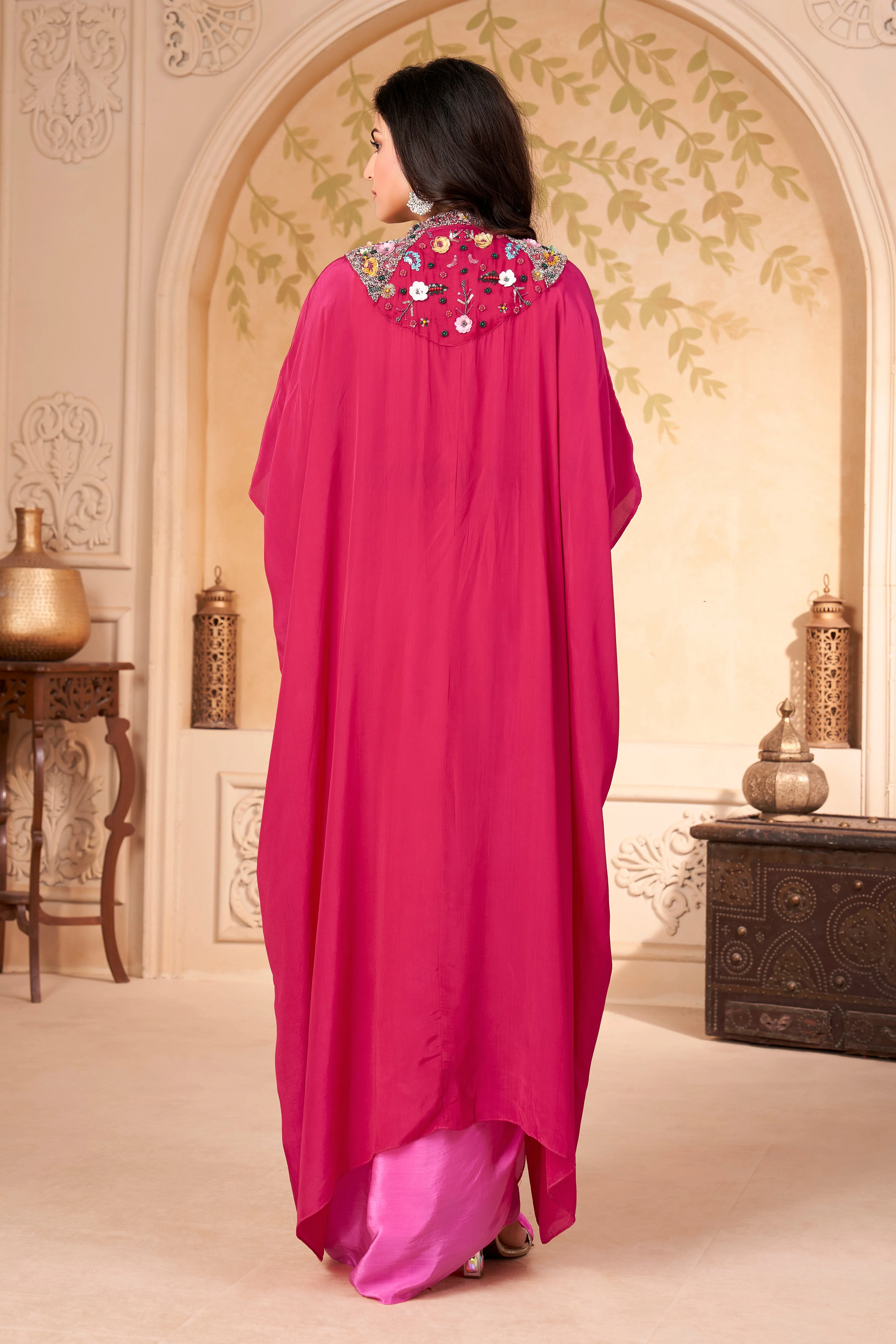 Hot Pink Embellished Crepe Silk Skirt Set - Image 4