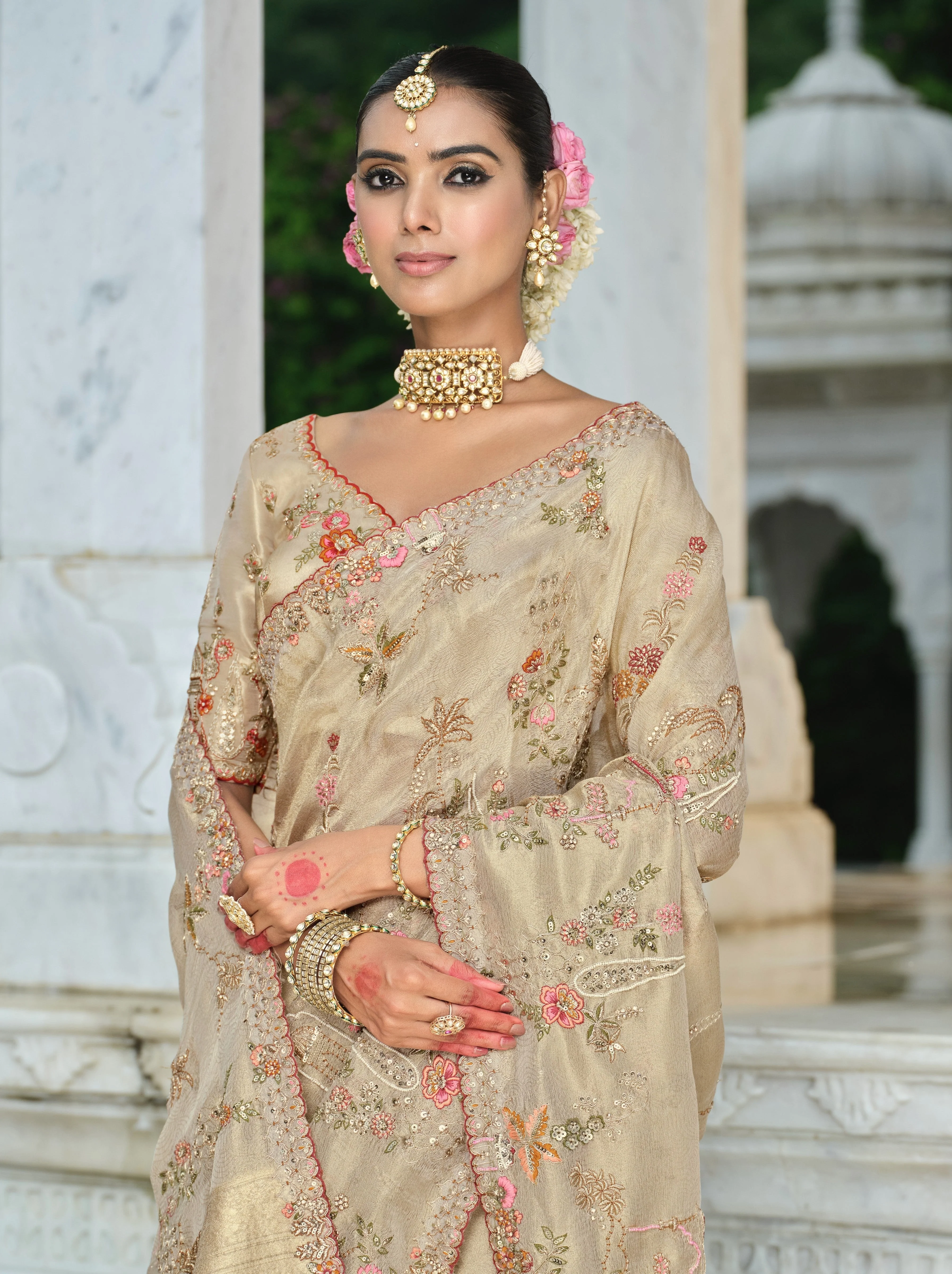Golden Beige Embellished Shimmer Tissue Silk Saree - Image 2