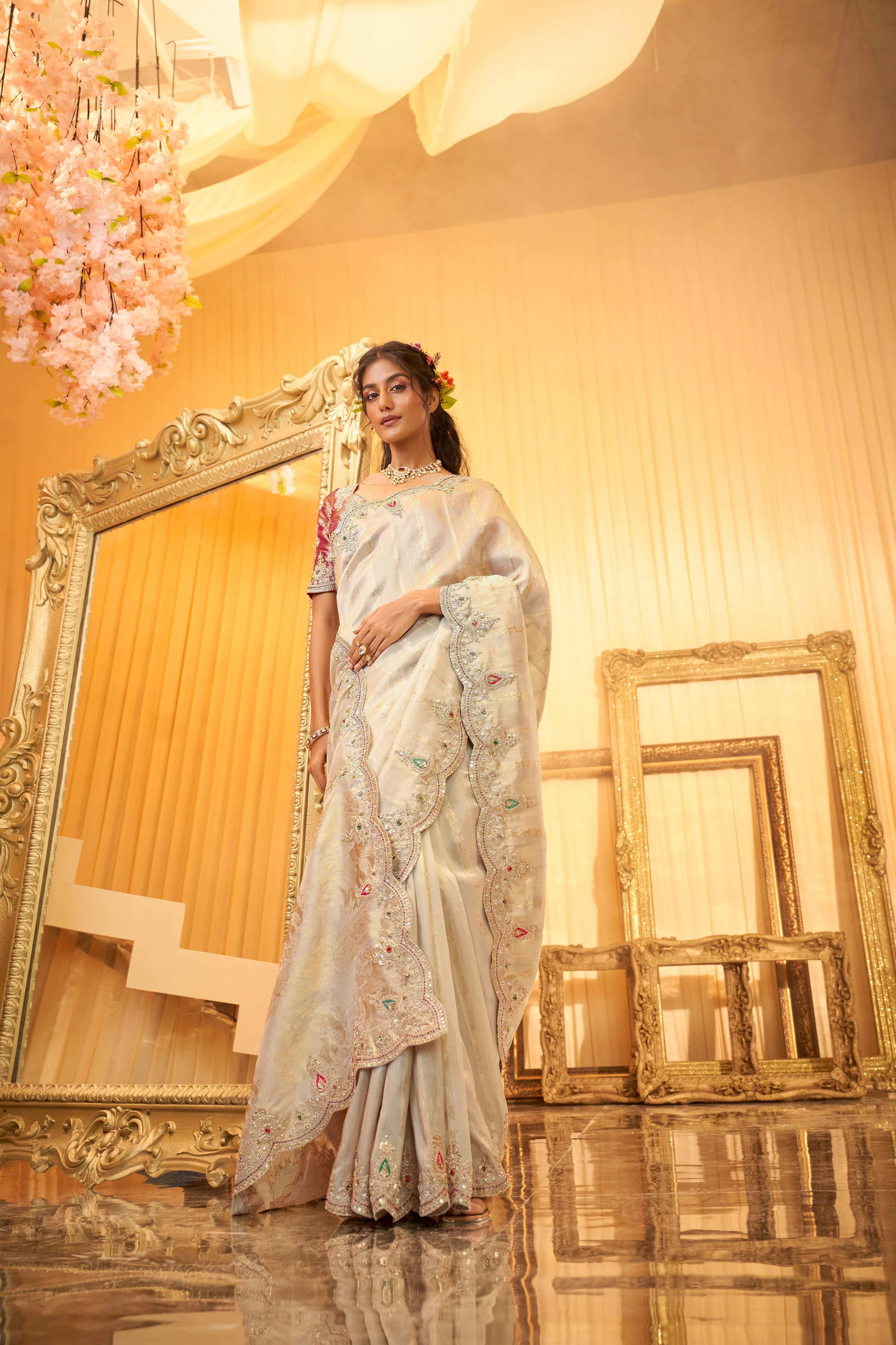 Silvery-White Embellished Premium Silk Saree