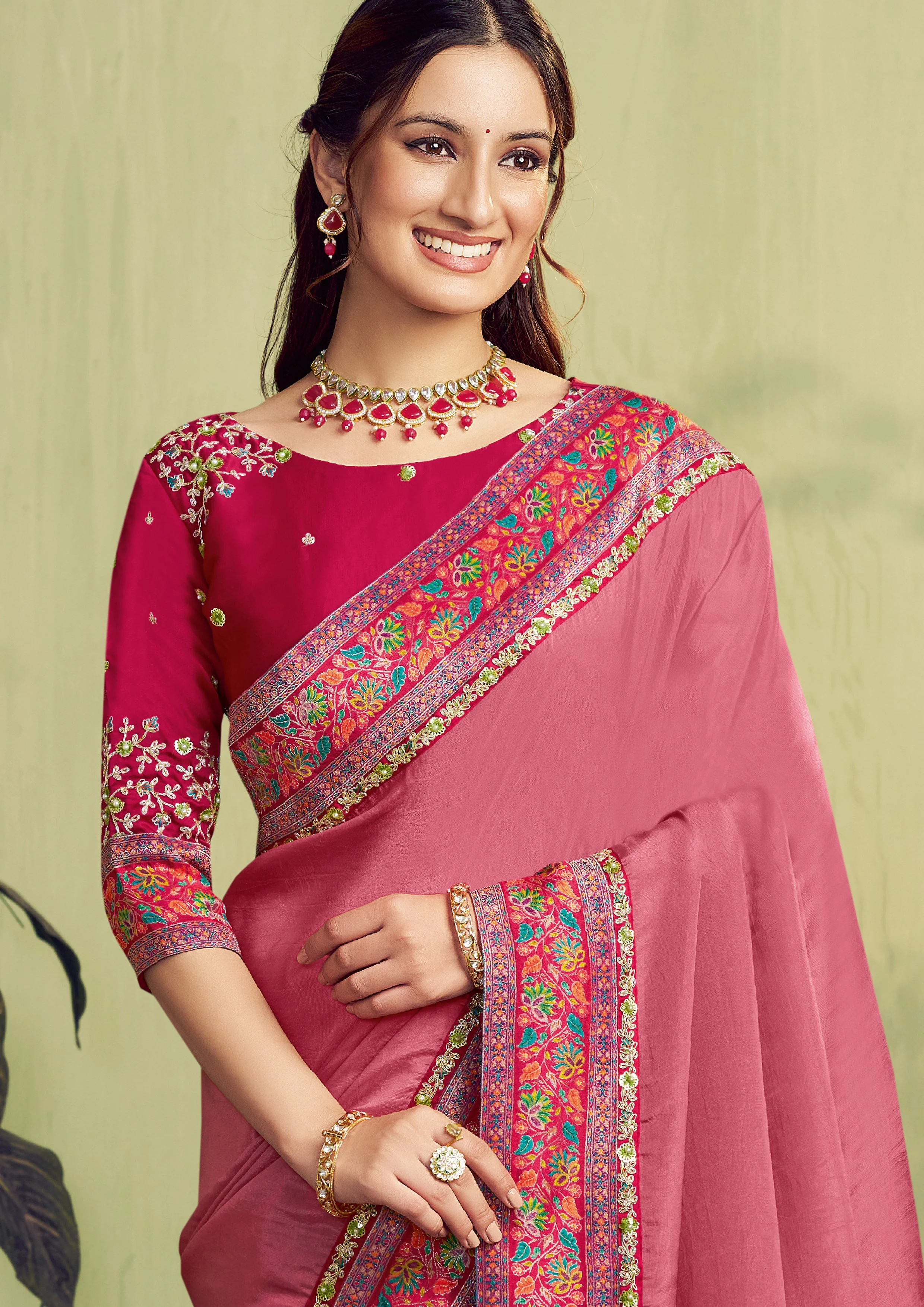 Dusty Rose Embroidered Uppada Silk Saree - Image 2
