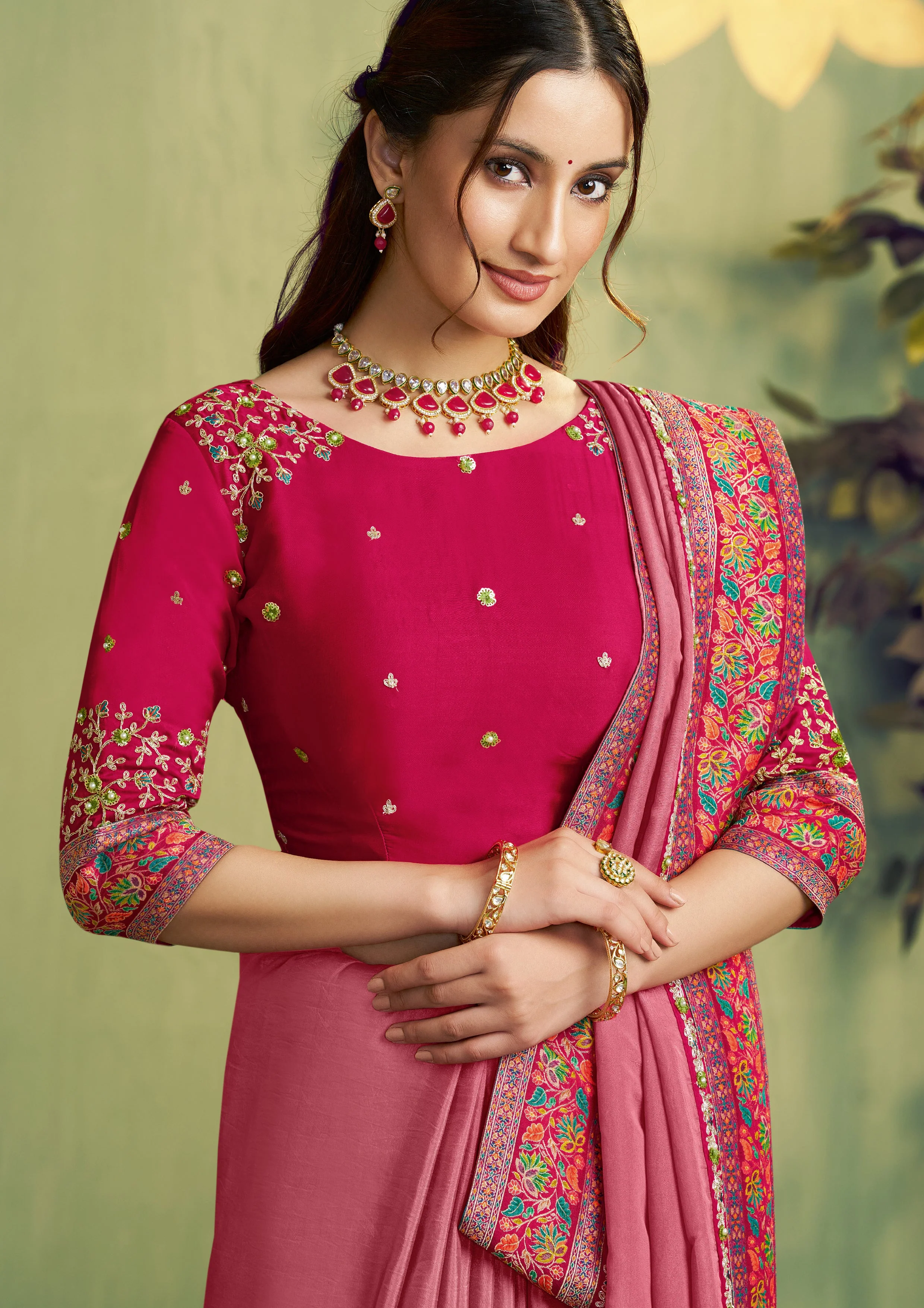 Dusty Rose Embroidered Uppada Silk Saree - Image 3