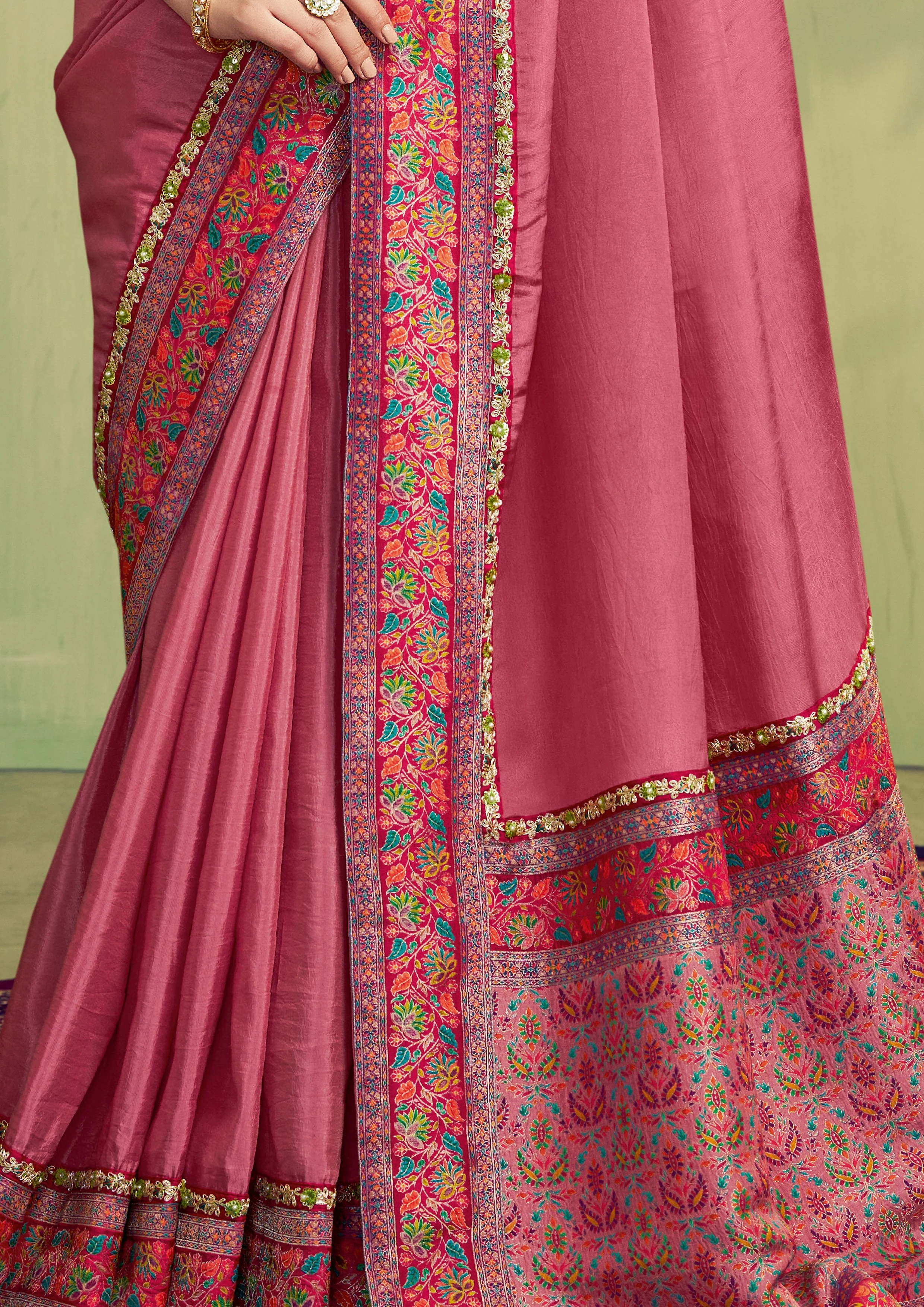 Dusty Rose Embroidered Uppada Silk Saree - Image 4