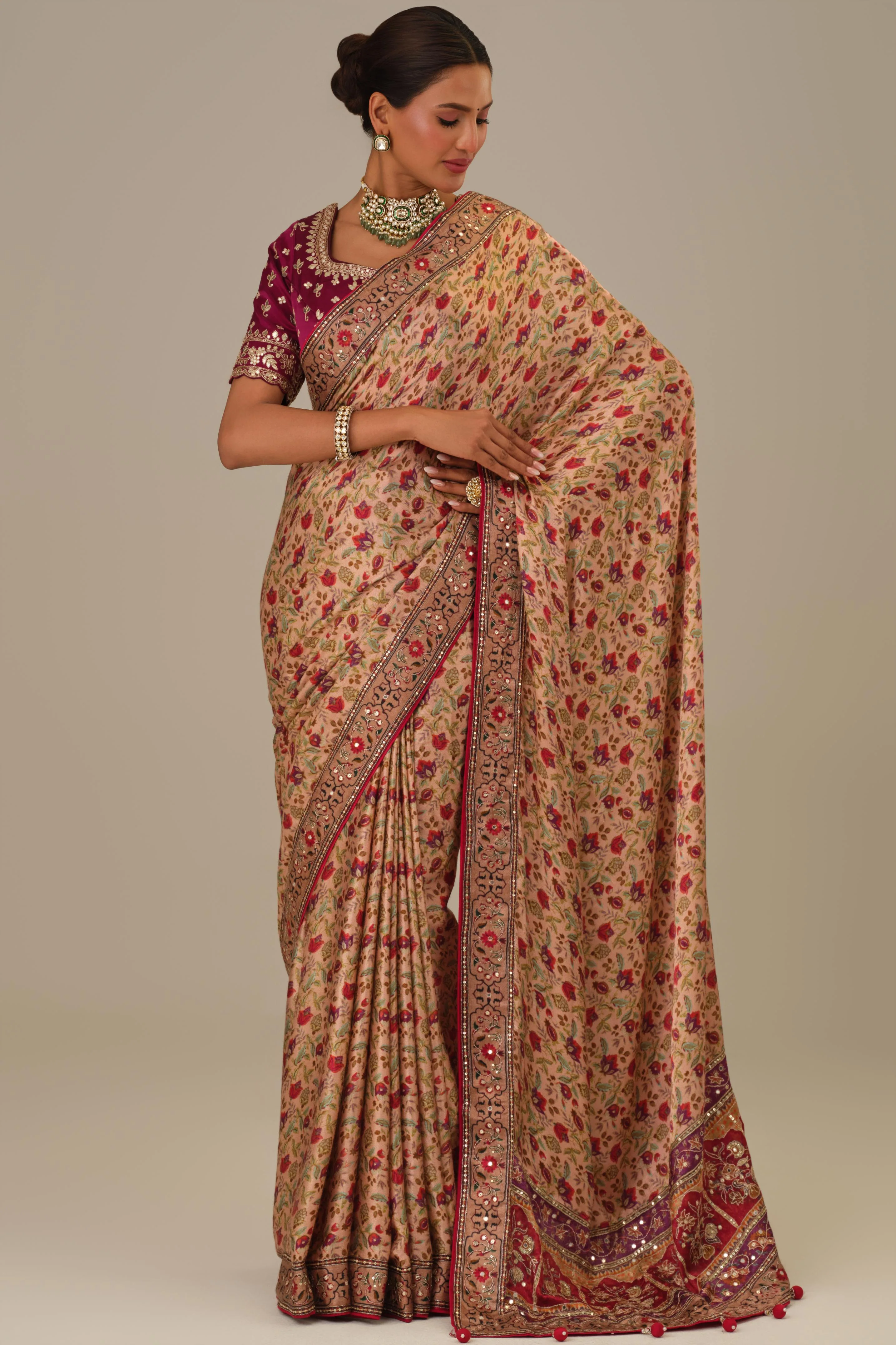 Dusty Rose Printed Modal Satin Silk Saree - Image 3