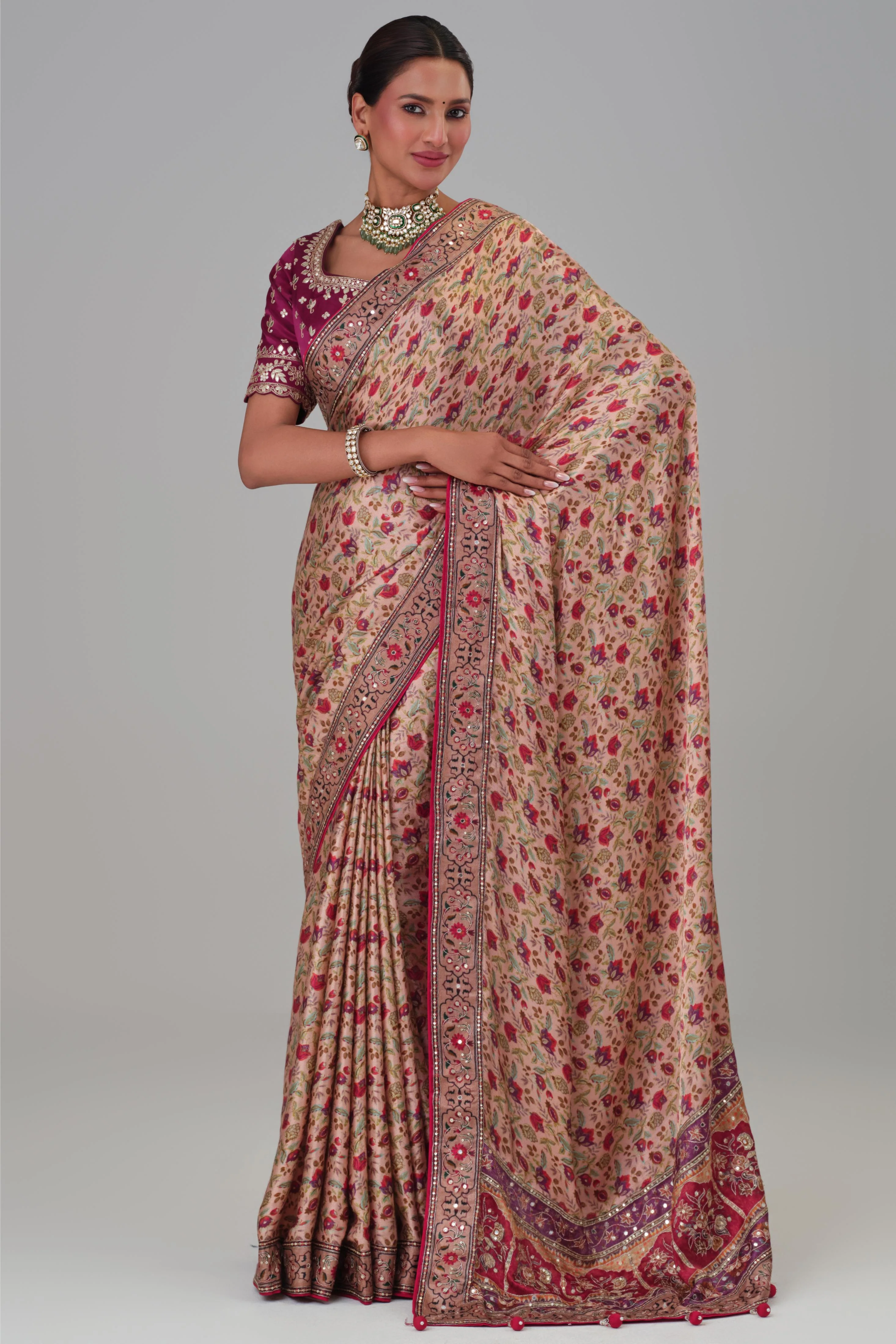 Dusty Rose Printed Modal Satin Silk Saree - Image 4