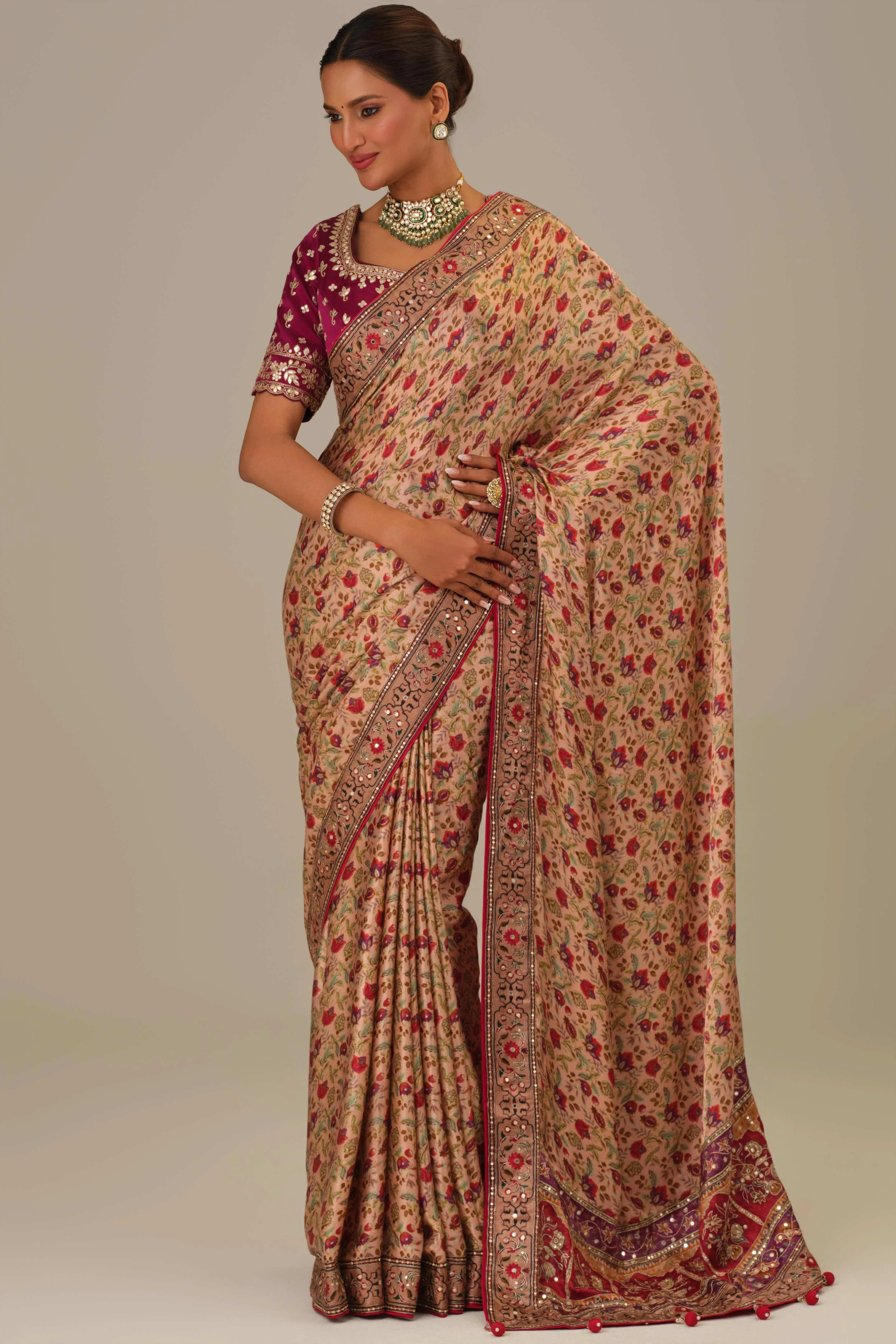 Dusty Rose Printed Modal Satin Silk Saree - Image 5
