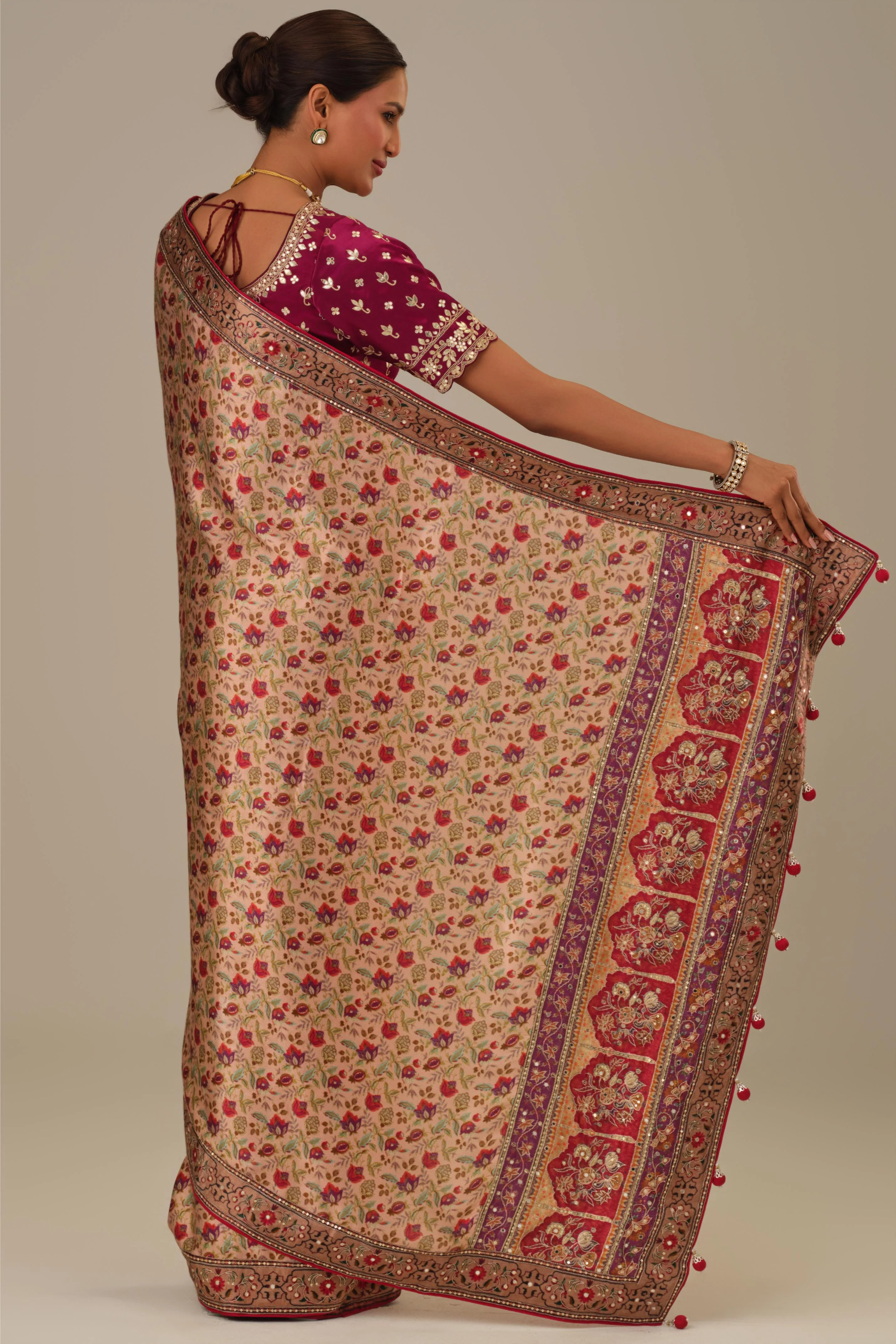 Dusty Rose Printed Modal Satin Silk Saree - Image 6