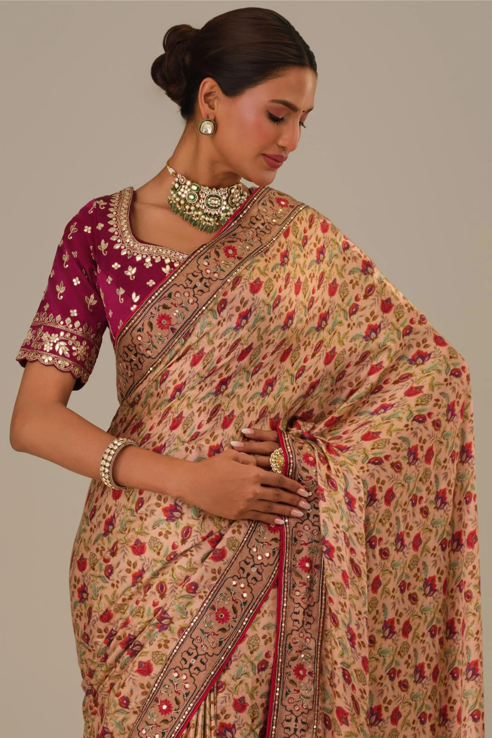 Dusty Rose Printed Modal Satin Silk Saree - Image 7