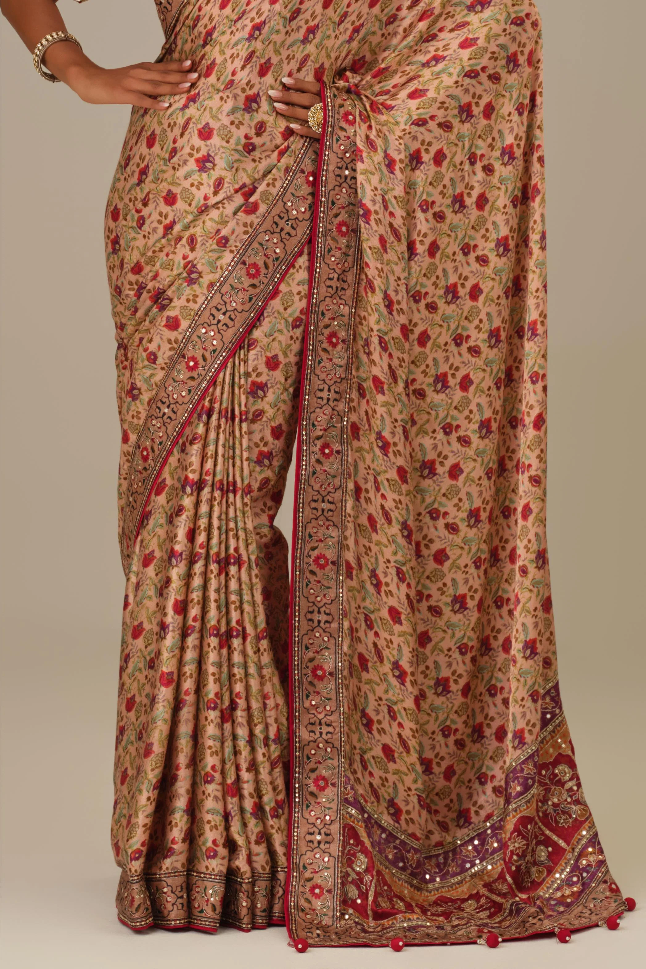 Dusty Rose Printed Modal Satin Silk Saree - Image 8