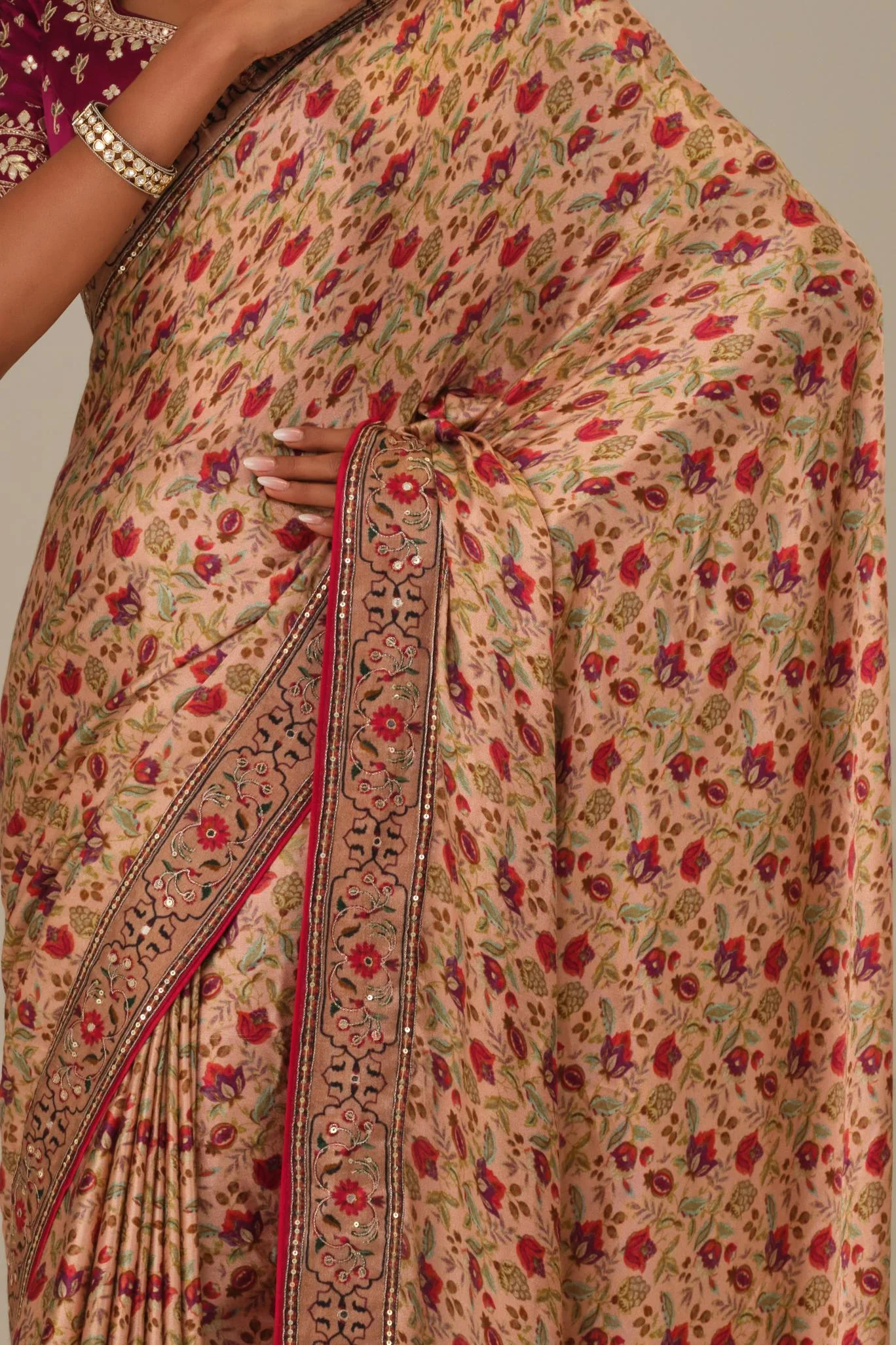 Dusty Rose Printed Modal Satin Silk Saree - Image 9