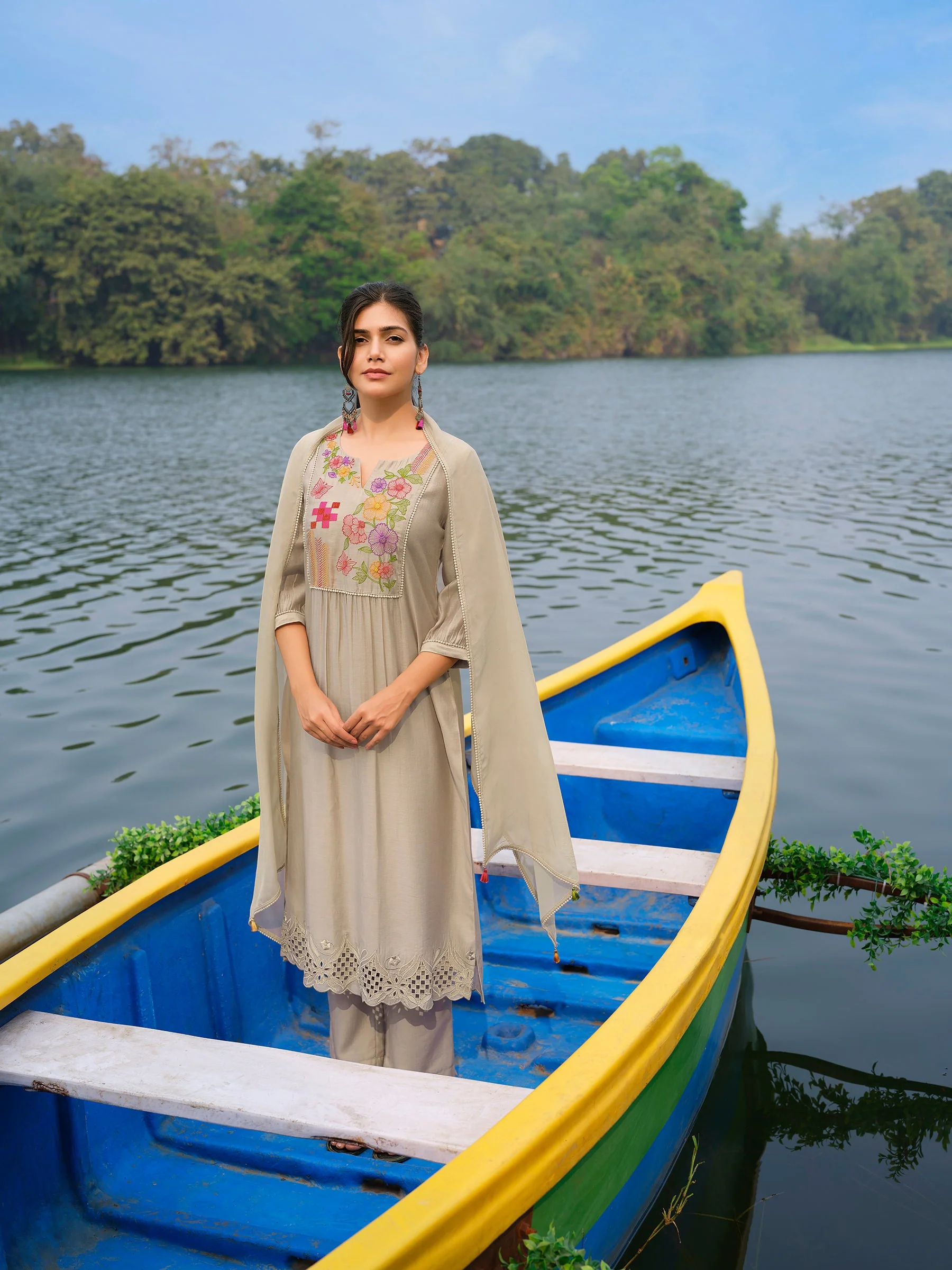 Dusty Taupe Floral Embroidered Chanderi Silk Pant Set