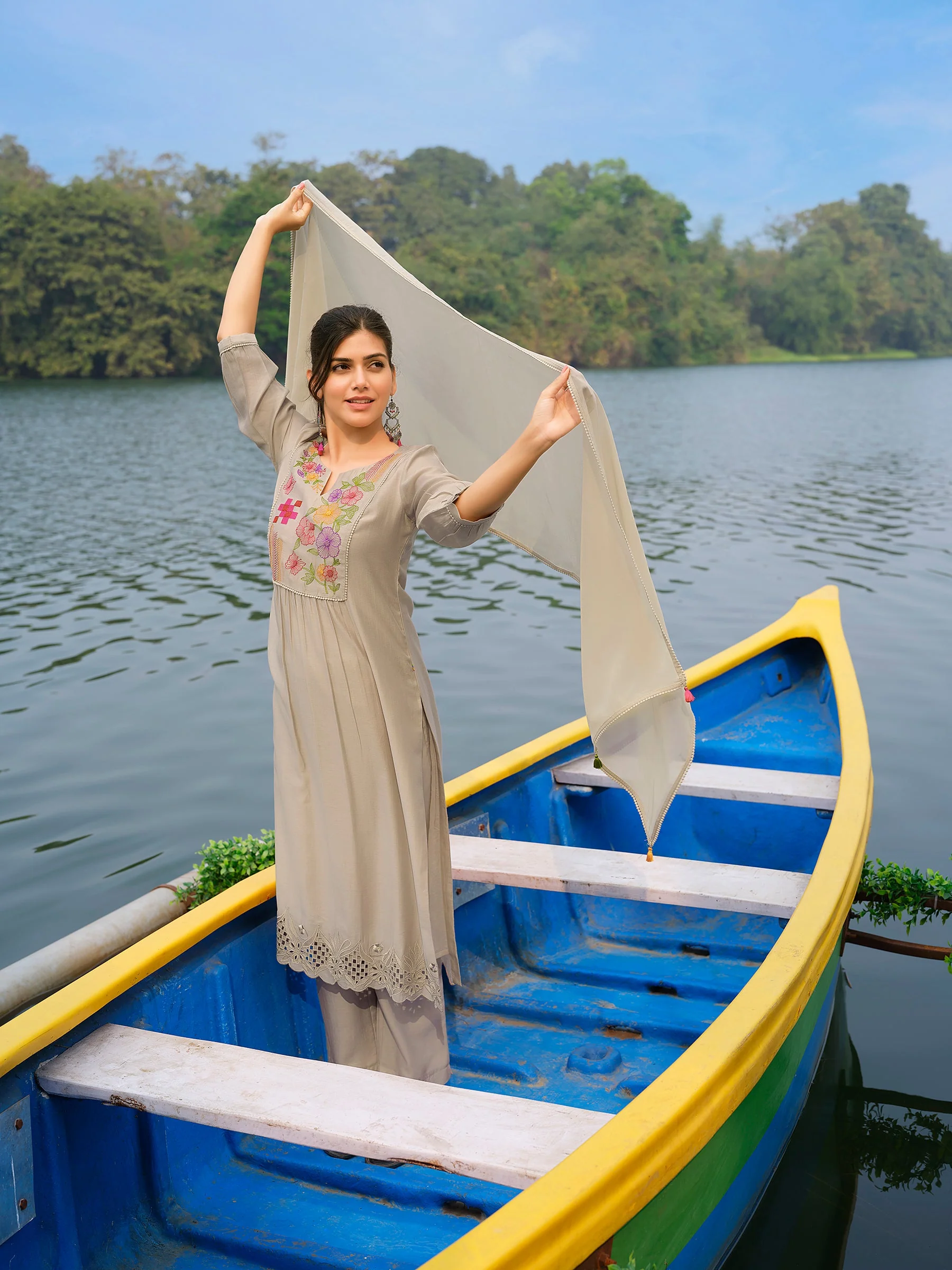 Dusty Taupe Floral Embroidered Chanderi Silk Pant Set - Image 2