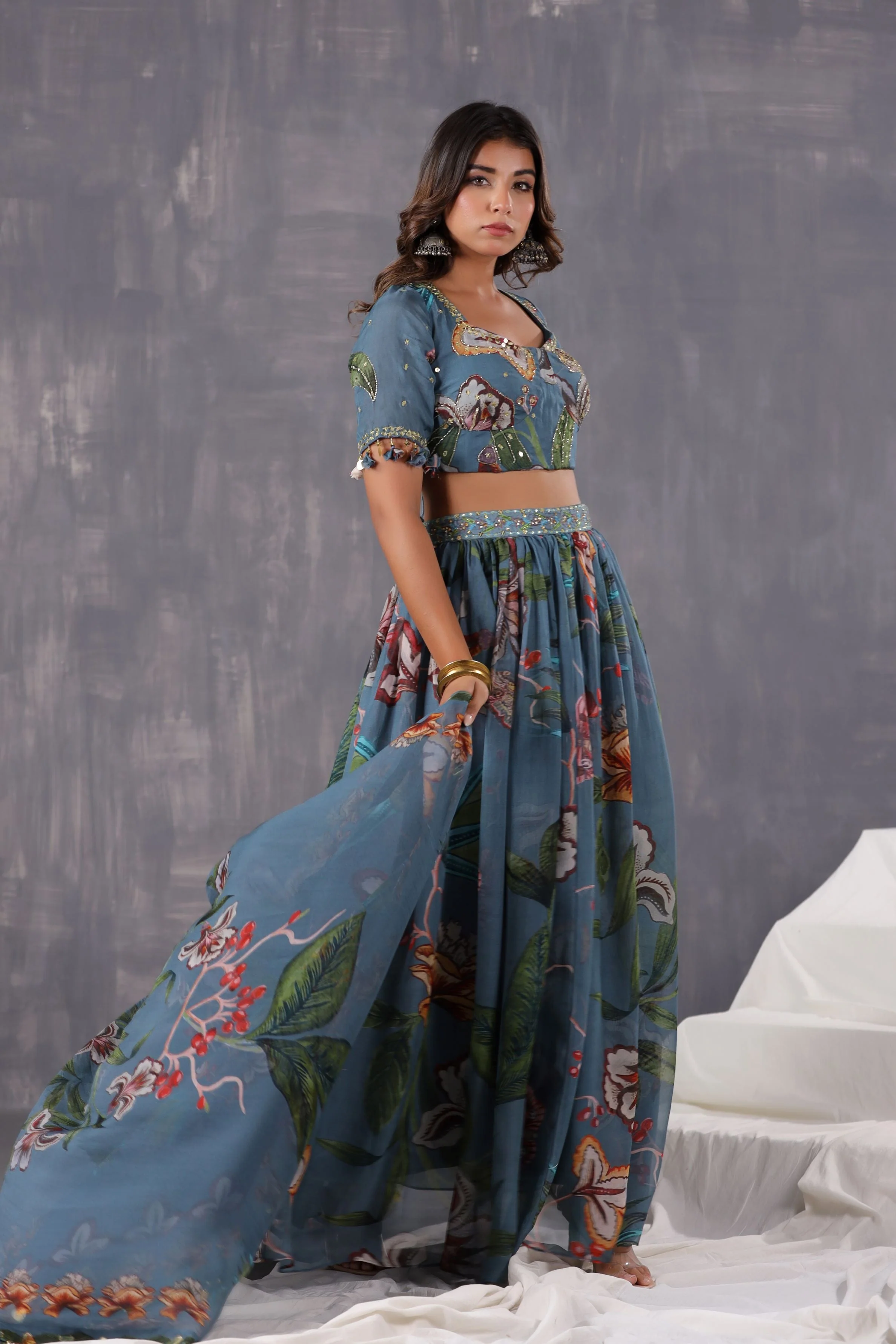 Dusty Teal Floral Printed Tissue Organza Silk Lehenga Set - Image 3