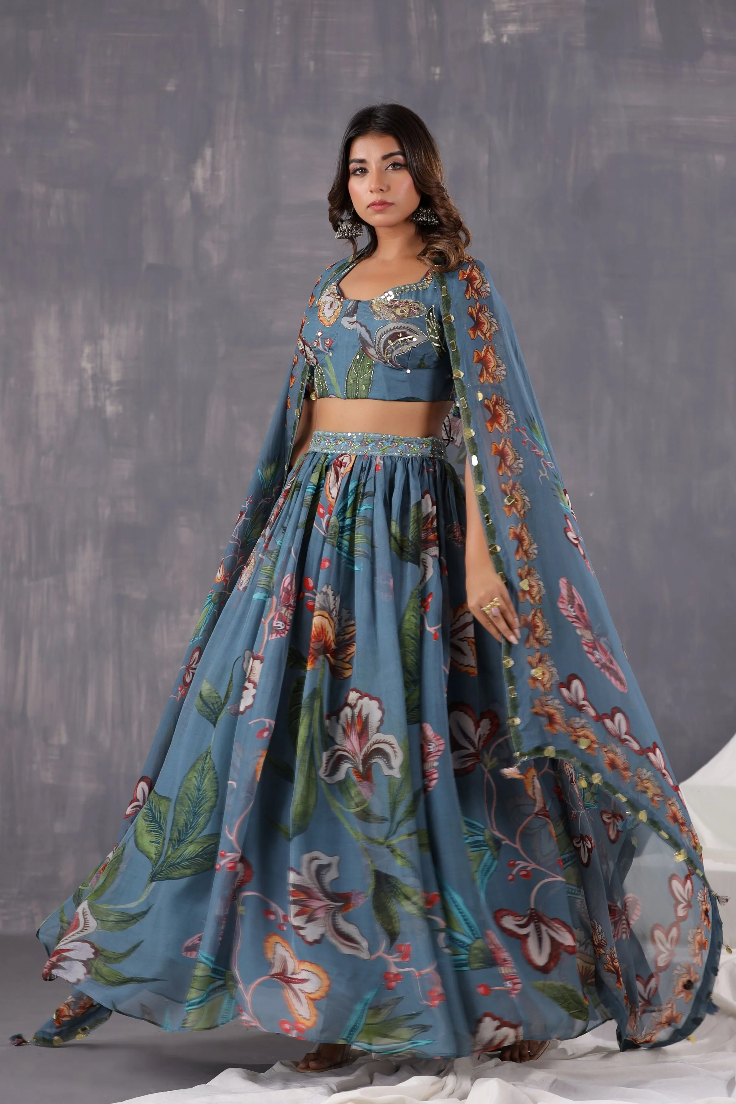 Dusty Teal Floral Printed Tissue Organza Silk Lehenga Set - Image 4