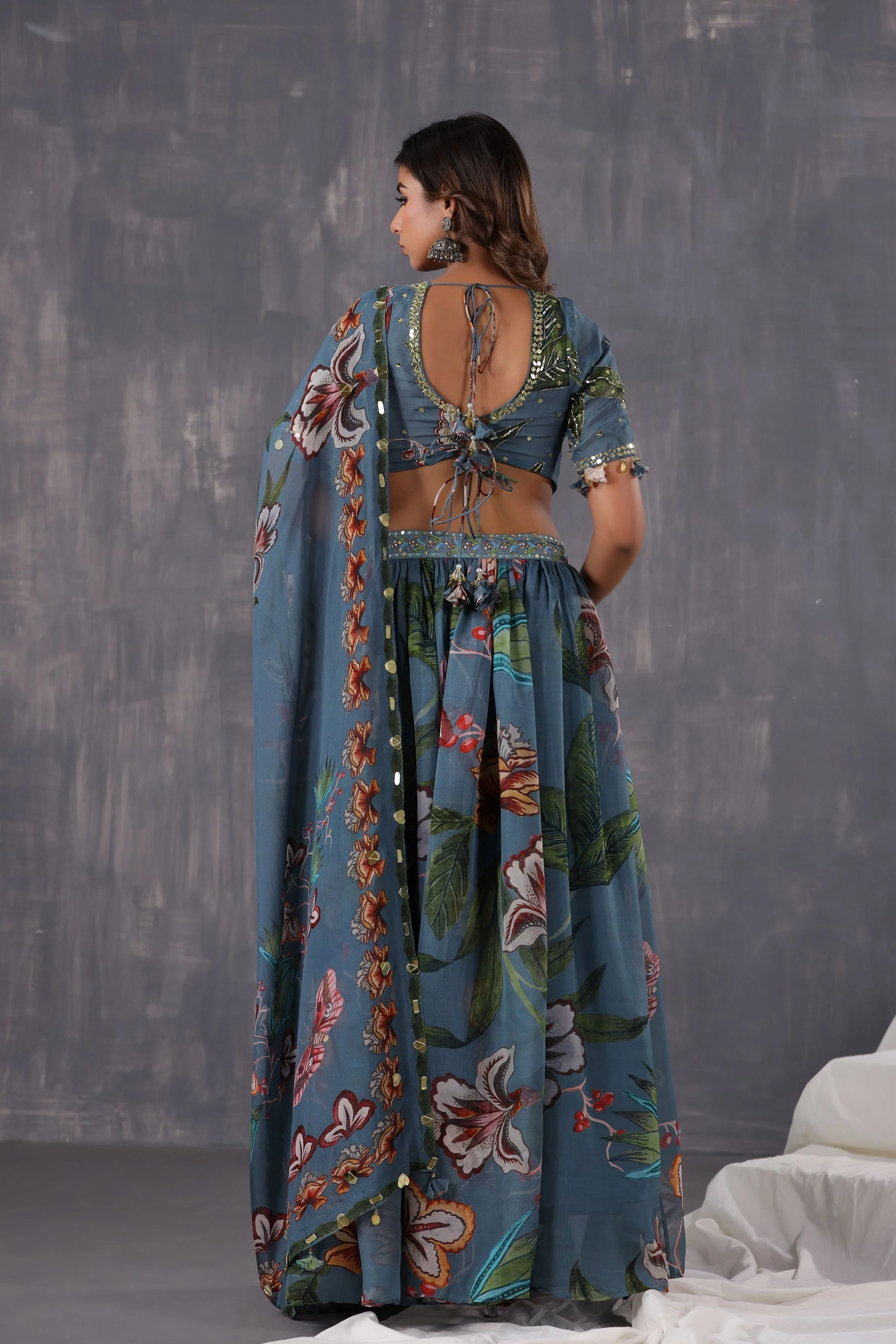 Dusty Teal Floral Printed Tissue Organza Silk Lehenga Set - Image 5