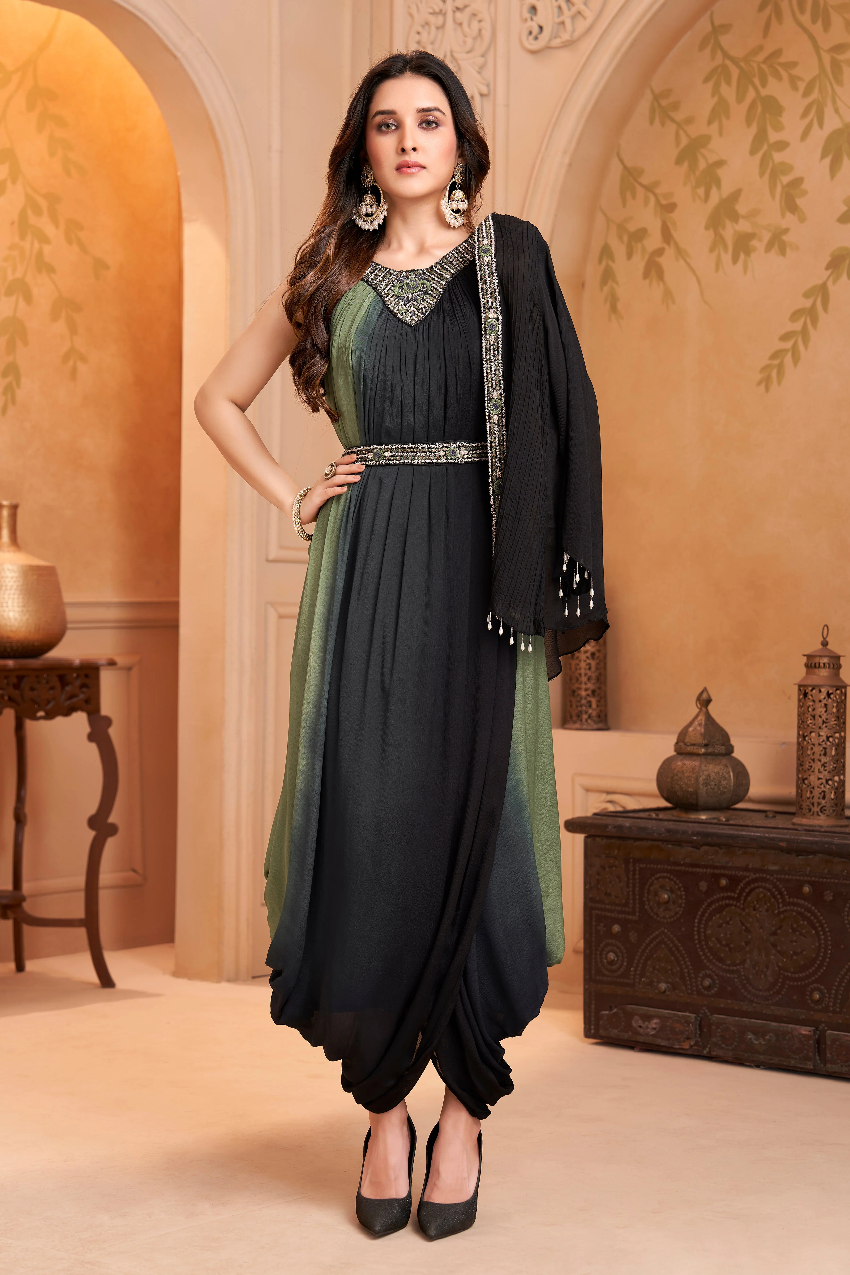 Moss Green Embellished Chinon Silk Drape Dress - Image 3