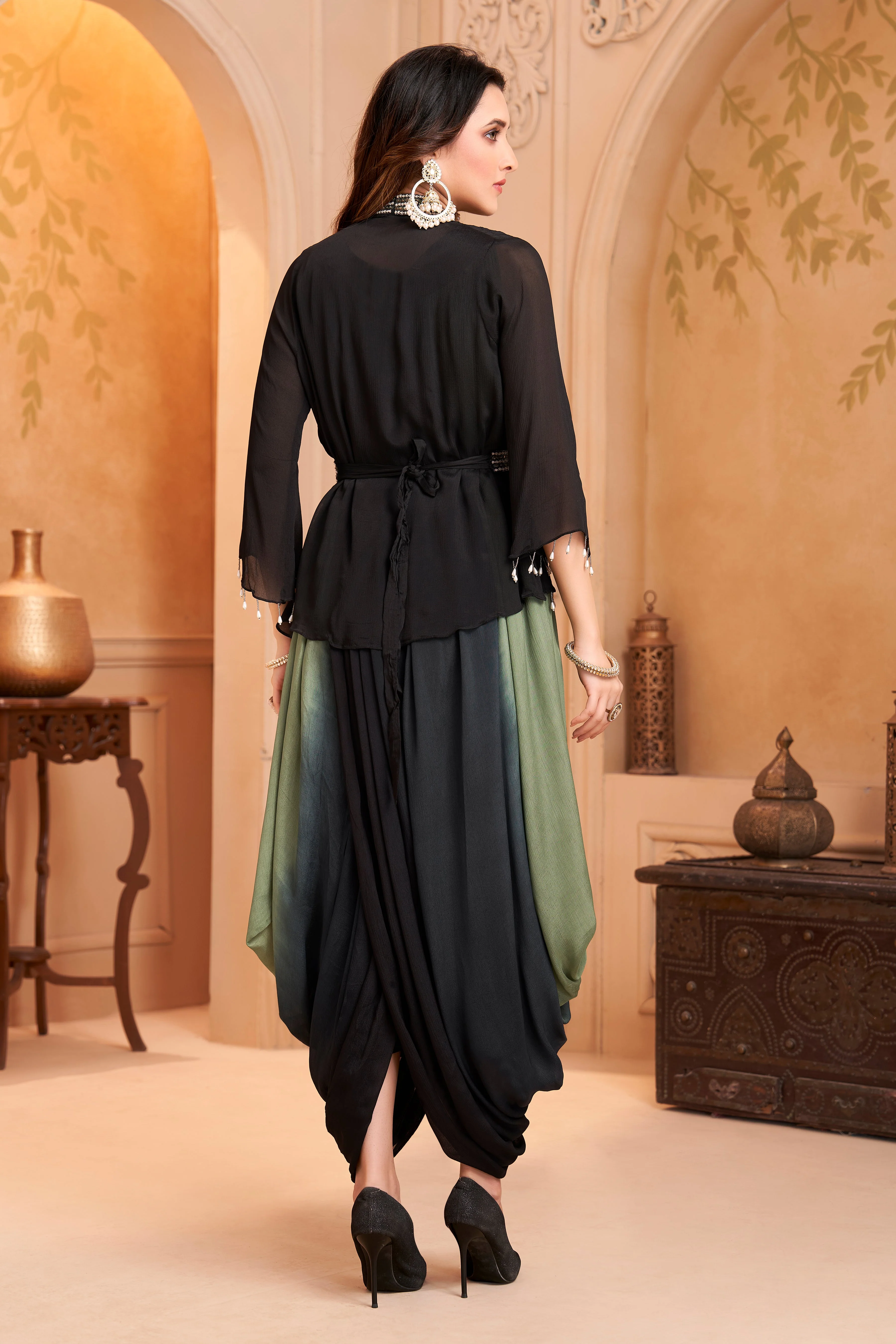 Moss Green Embellished Chinon Silk Drape Dress - Image 4