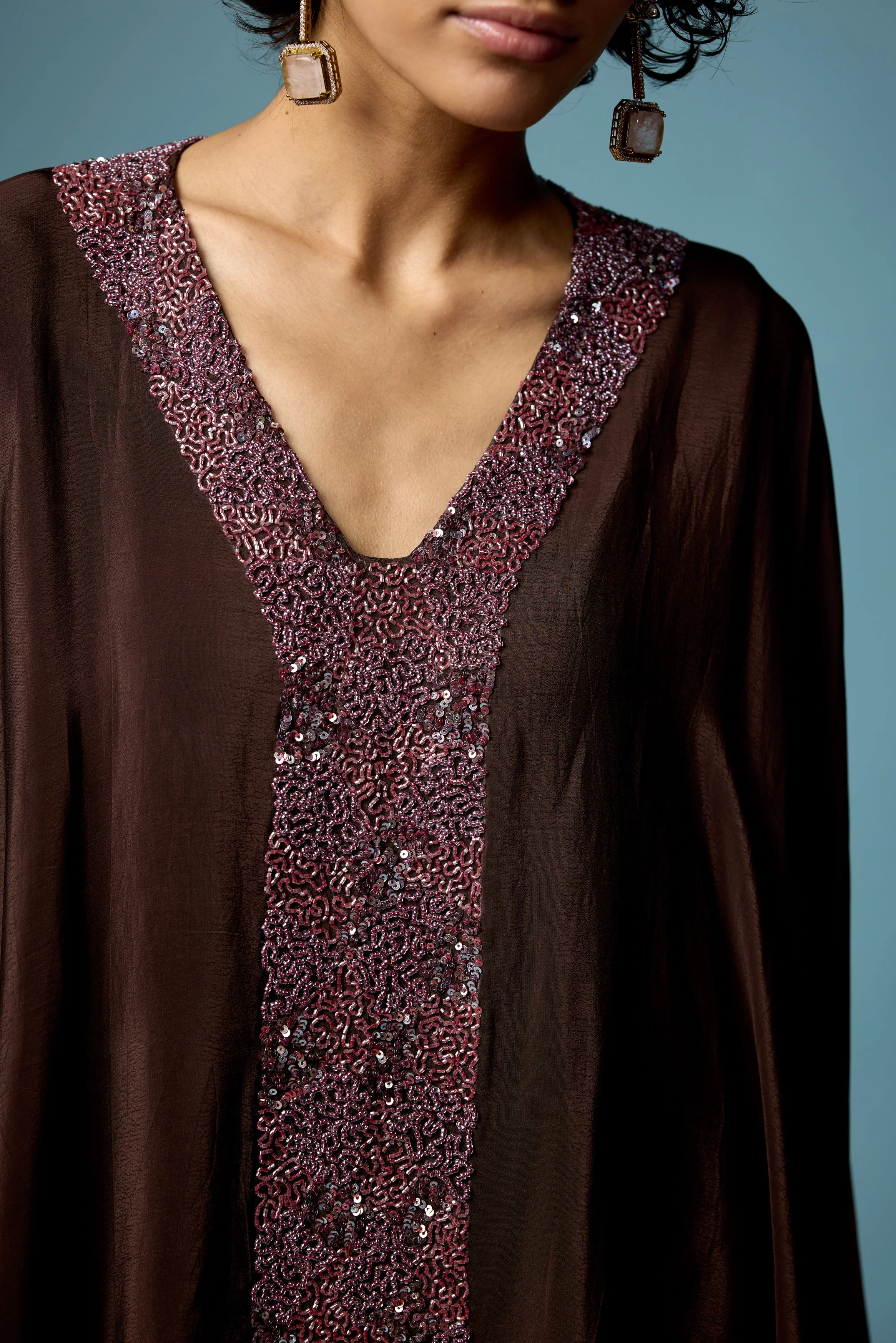 Coffee Brown Embellished Satin Silk Dhoti Set - Image 2