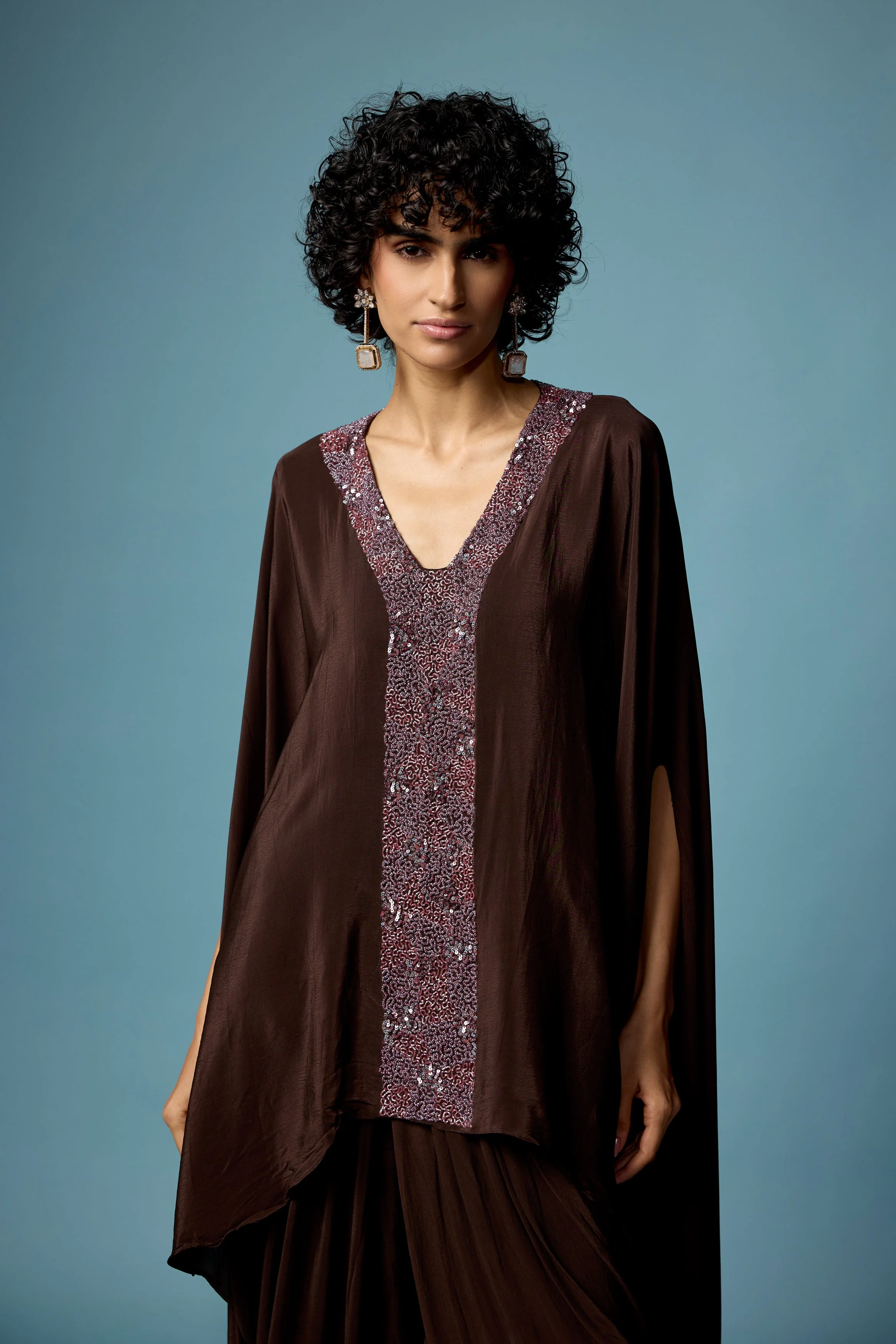 Coffee Brown Embellished Satin Silk Dhoti Set - Image 3