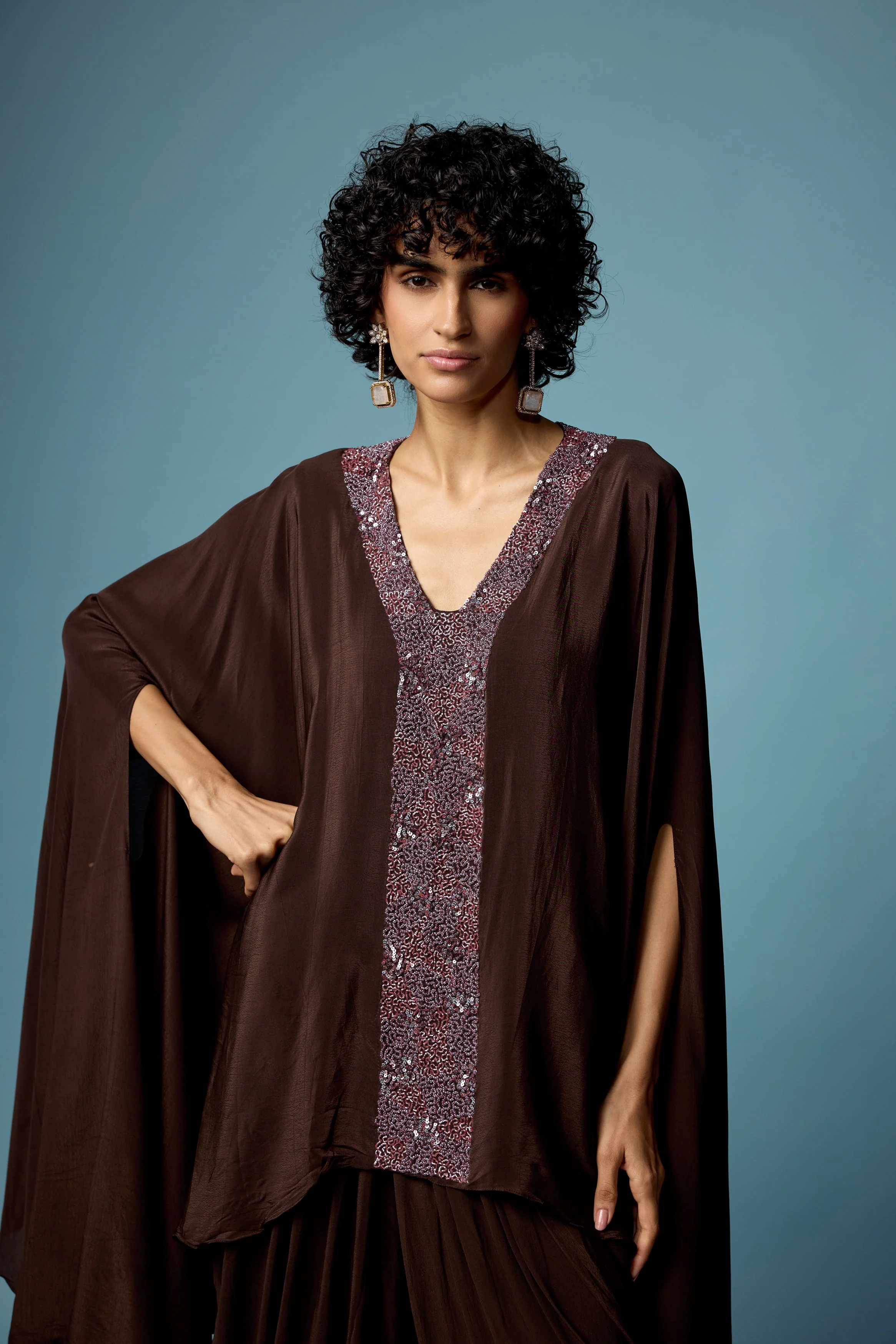 Coffee Brown Embellished Satin Silk Dhoti Set - Image 4