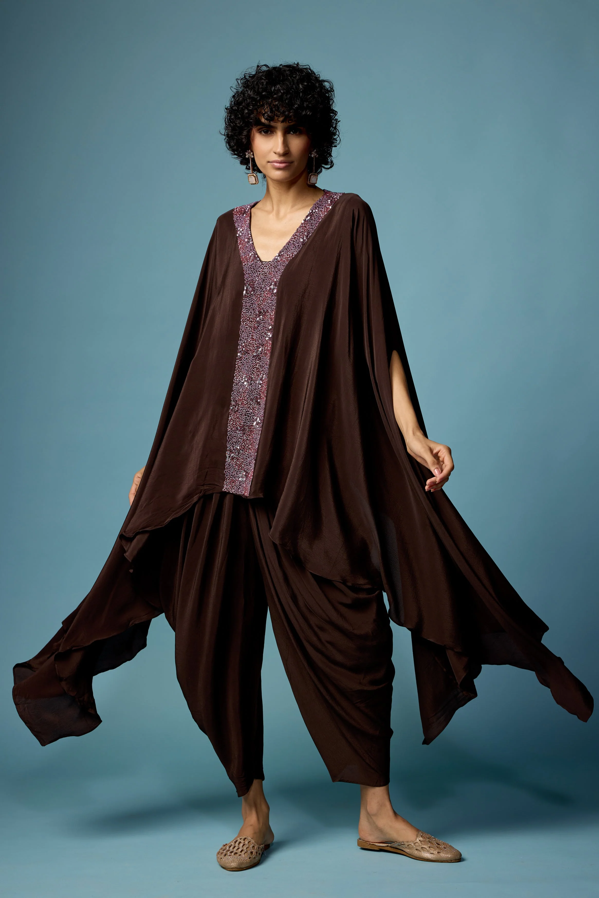 Coffee Brown Embellished Satin Silk Dhoti Set - Image 5