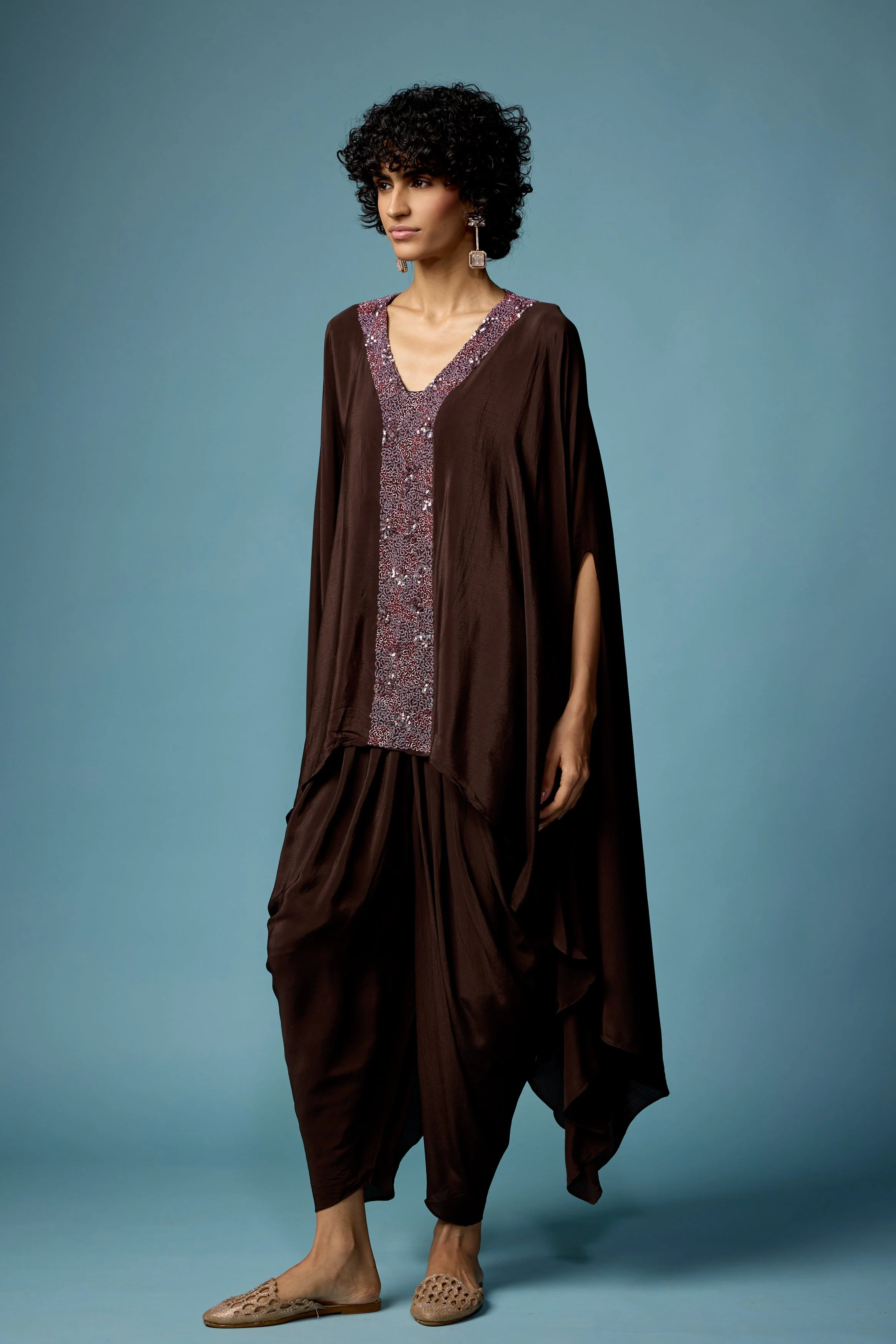 Coffee Brown Embellished Satin Silk Dhoti Set - Image 6