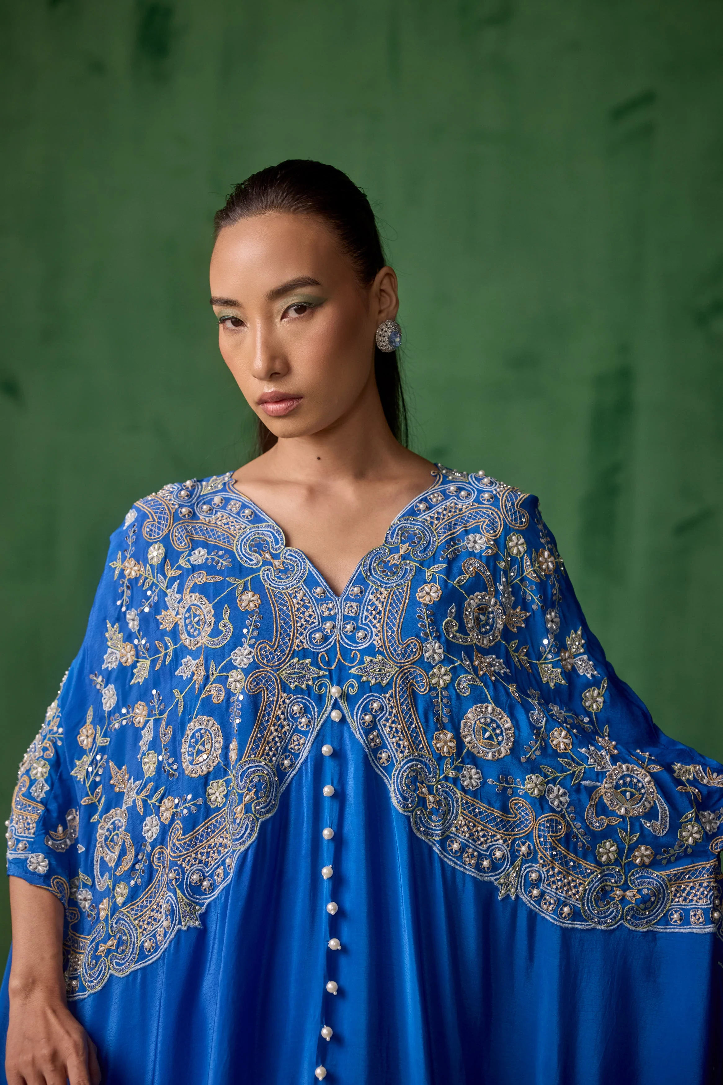 Electric Blue Embellished Chinon Silk Kaftan Set - Image 2