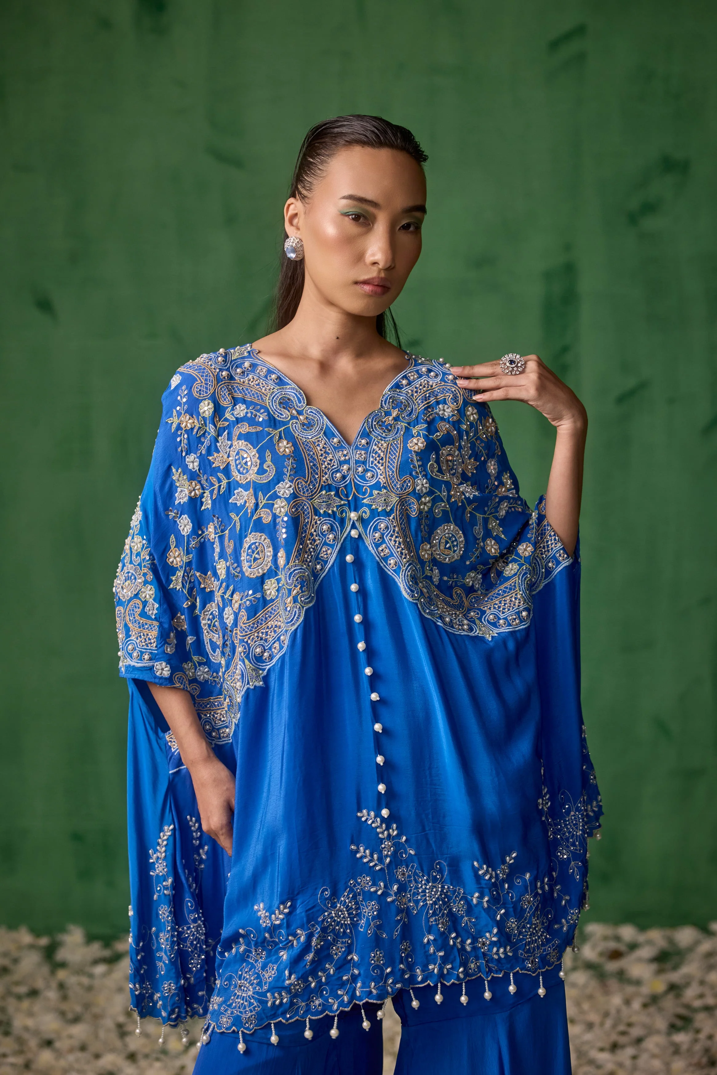 Electric Blue Embellished Chinon Silk Kaftan Set - Image 3