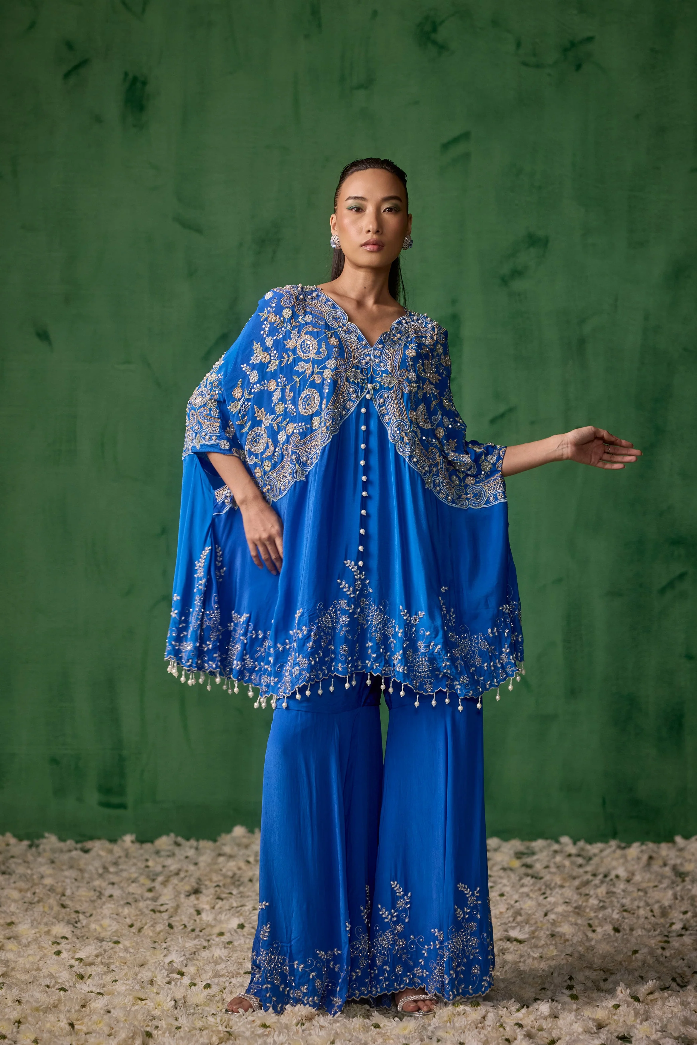 Electric Blue Embellished Chinon Silk Kaftan Set - Image 4