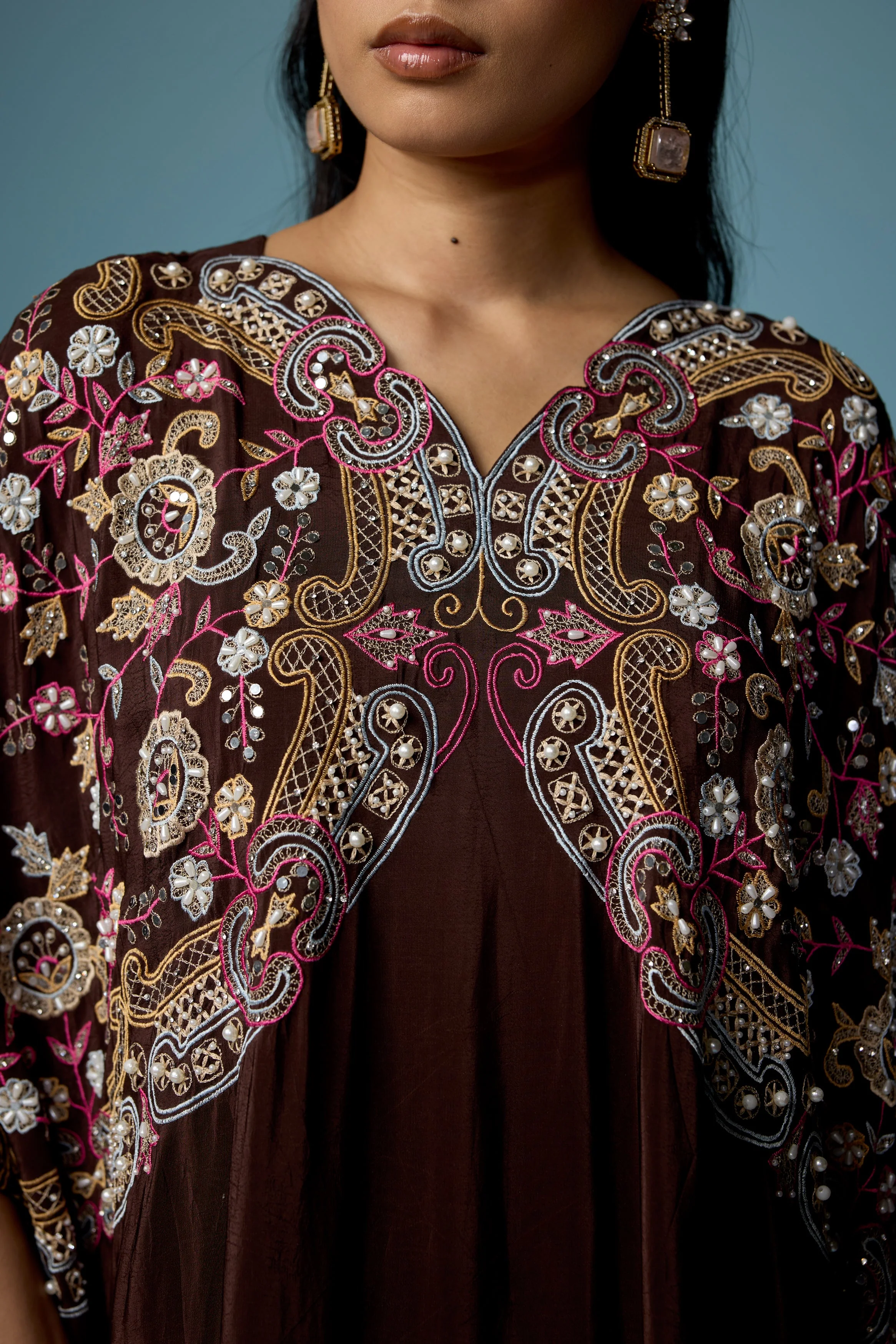 Dark Brown Embellished Silk Kaftan Set - Image 2