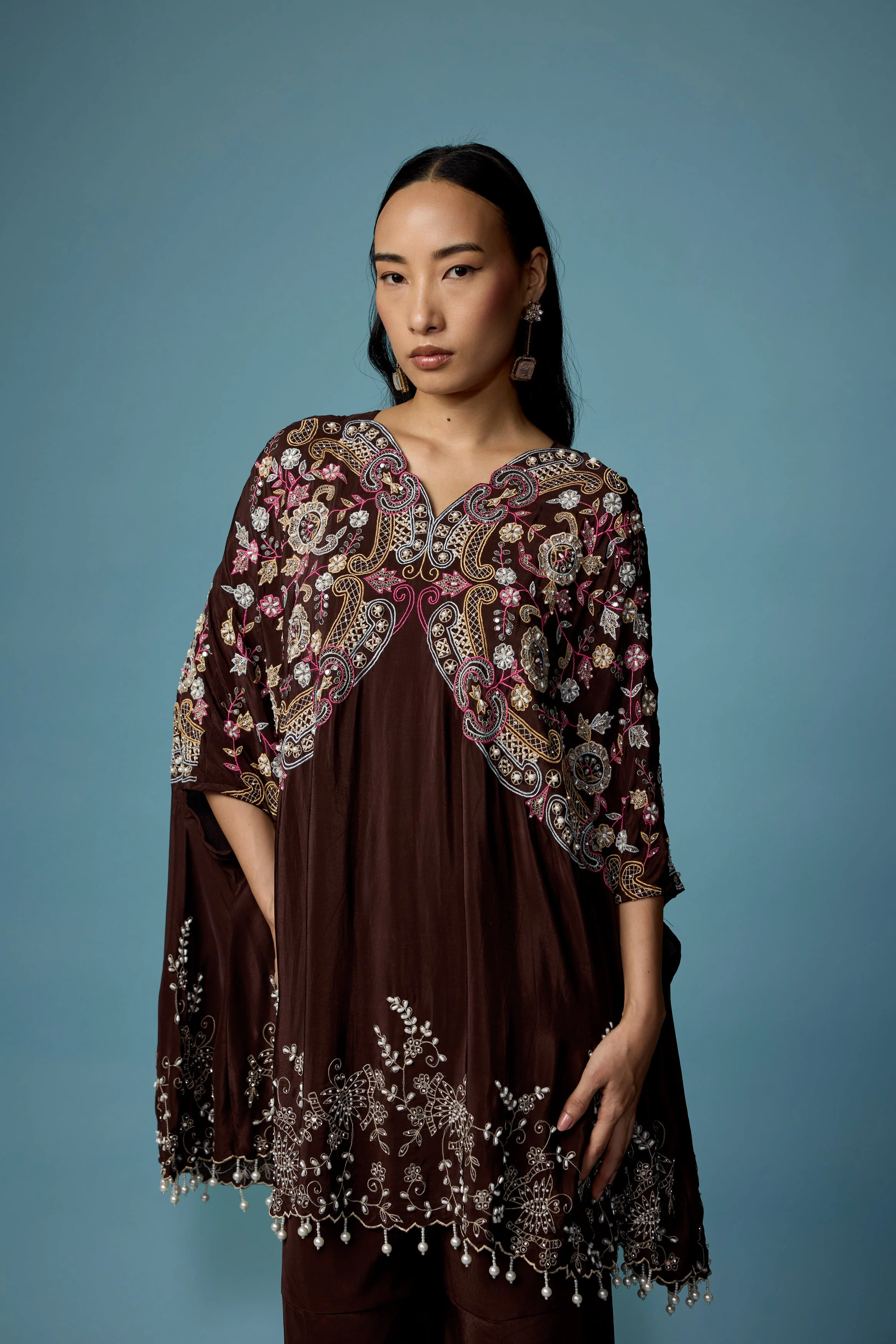 Dark Brown Embellished Silk Kaftan Set - Image 3