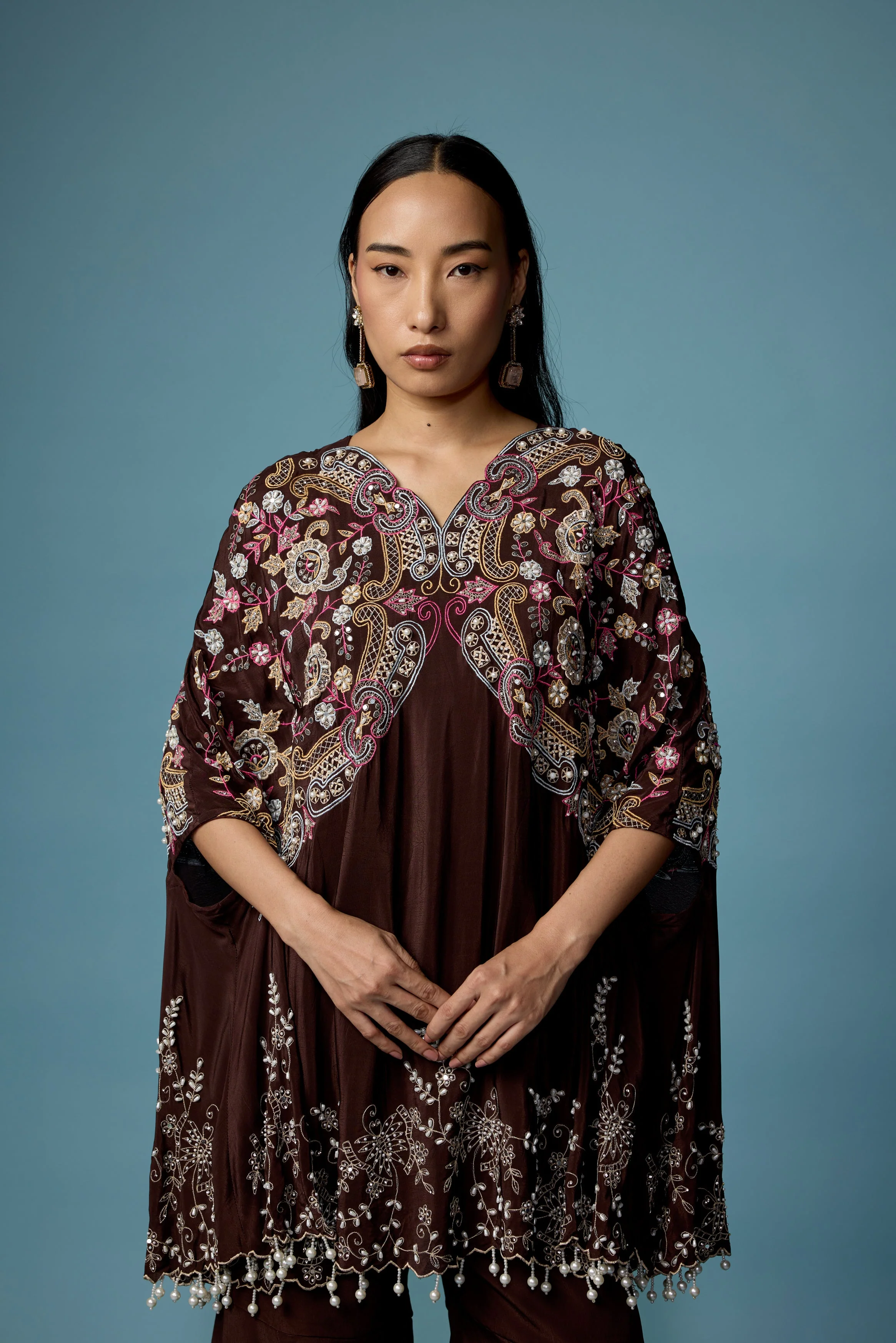 Dark Brown Embellished Silk Kaftan Set - Image 4