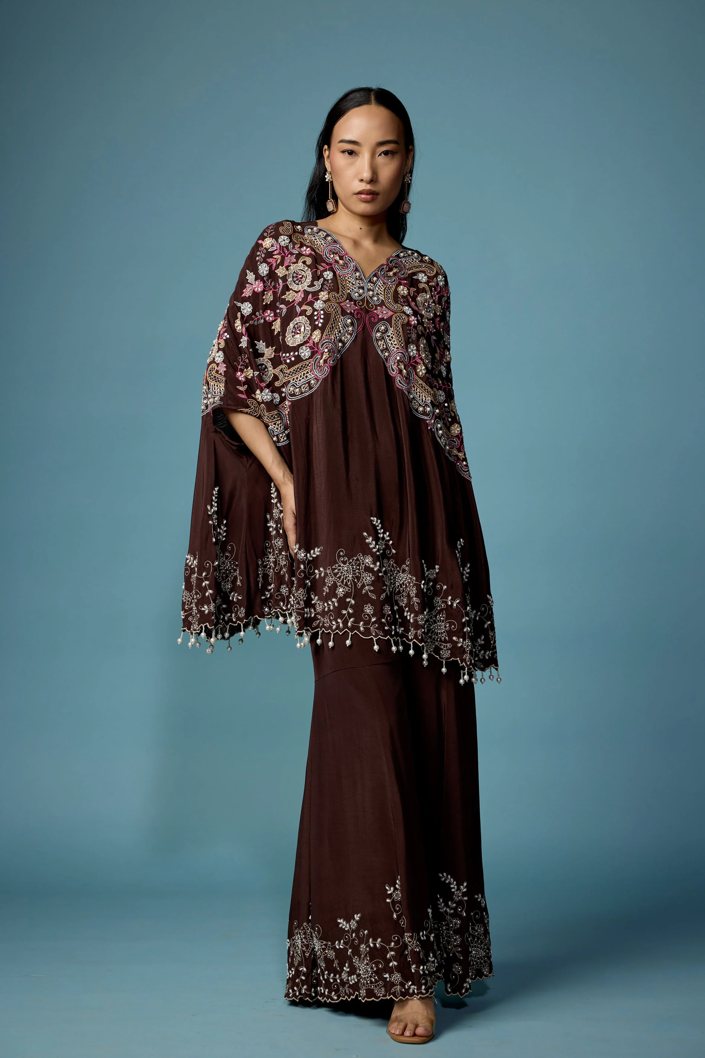 Dark Brown Embellished Silk Kaftan Set - Image 5
